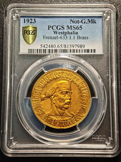 【德藏】世界币章拍卖第136期（拍品征集中~欢迎藏友联系） - 1923年 德国德紧比勒菲尔德市1金马克镀金铜币 PCGS MS65 1金马克等值于1万亿马克 