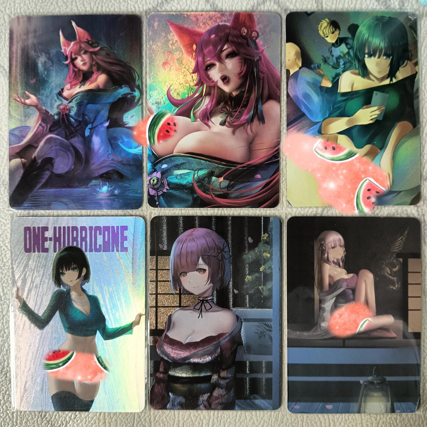 花开卡拍第29期（品控勿拍!!!拍品不寄存，运费5元，自制卡难免瑕疵，可能存在轻微撞角爆边等出厂瑕疵，品控介意勿拍！） 动漫卡牌 阿狸折光彩闪2张+吹雪折光彩闪2张+拉姆拼图2张粗闪