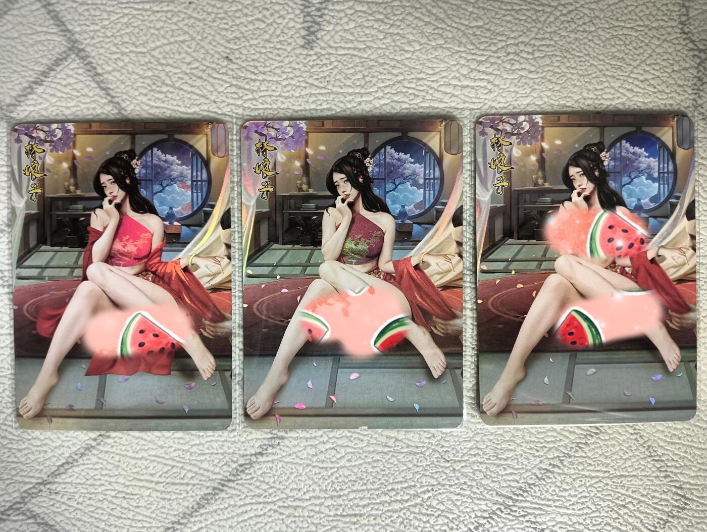 花开卡拍第29期（品控勿拍!!!拍品不寄存，运费5元，自制卡难免瑕疵，可能存在轻微撞角爆边等出厂瑕疵，品控介意勿拍！） 逍遥卡牌 水浒-林娘子 渐变3张 折光彩闪 人物超美 第三张清凉