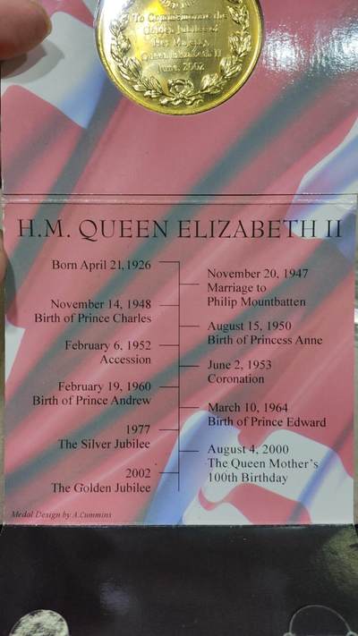 外币收藏 英国伯明翰铸币厂2002年英国女王伊丽莎白二世加冕登基50周年(金禧)纪念章.直径50mm