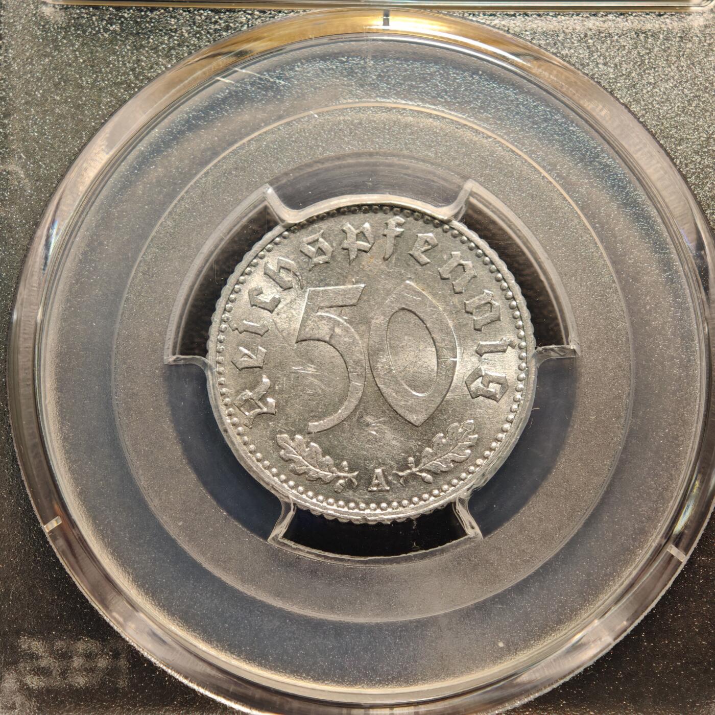 【德藏】世界币章拍卖第136期（拍品征集中~欢迎藏友联系） 1935年 德国第三帝国50芬尼铝币 PCGS MS62 原光极强 状态极佳