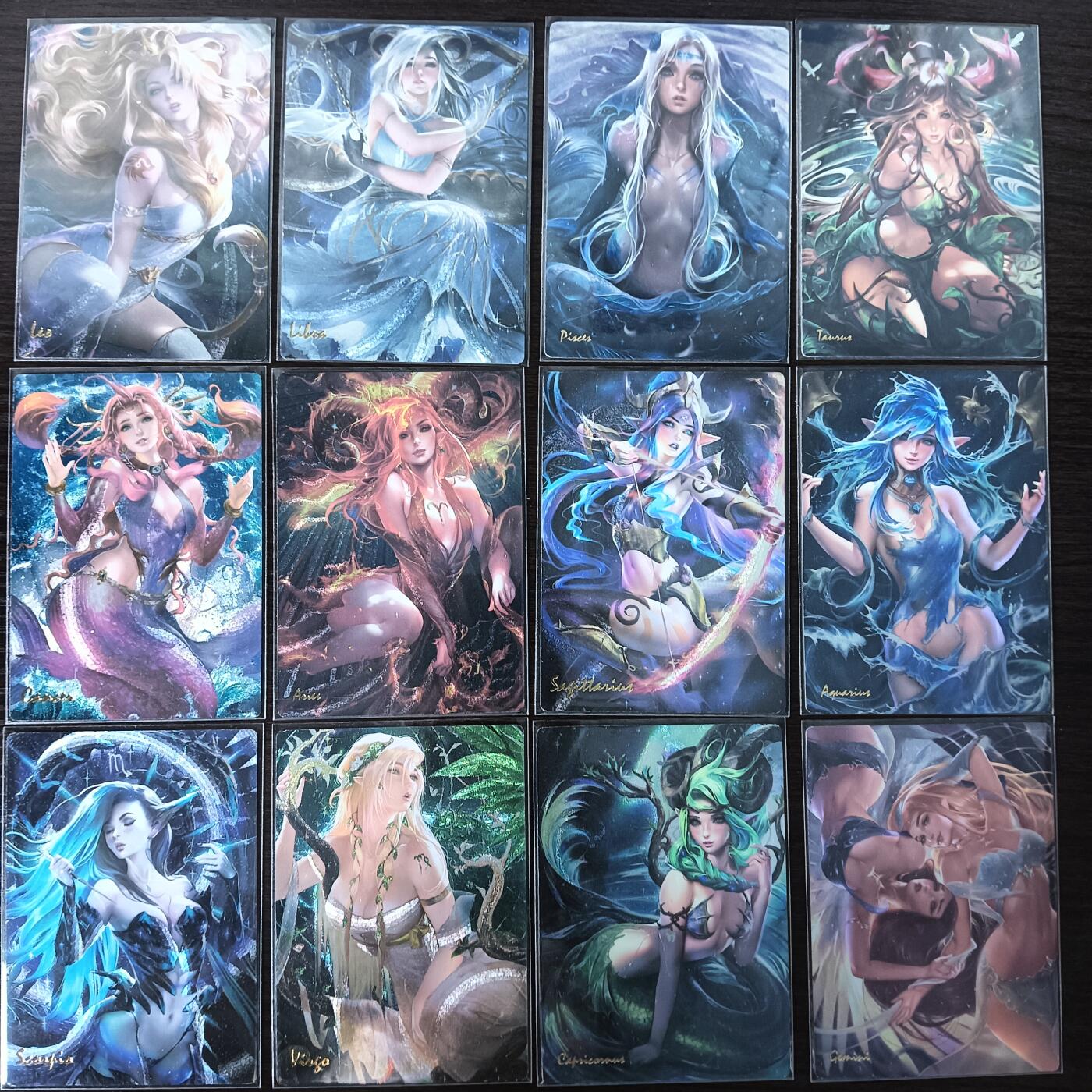 花开卡拍第29期（品控勿拍!!!拍品不寄存，运费5元，自制卡难免瑕疵，可能存在轻微撞角爆边等出厂瑕疵，品控介意勿拍！） 白花恋诗卡牌 十二星座一套12张 粗闪