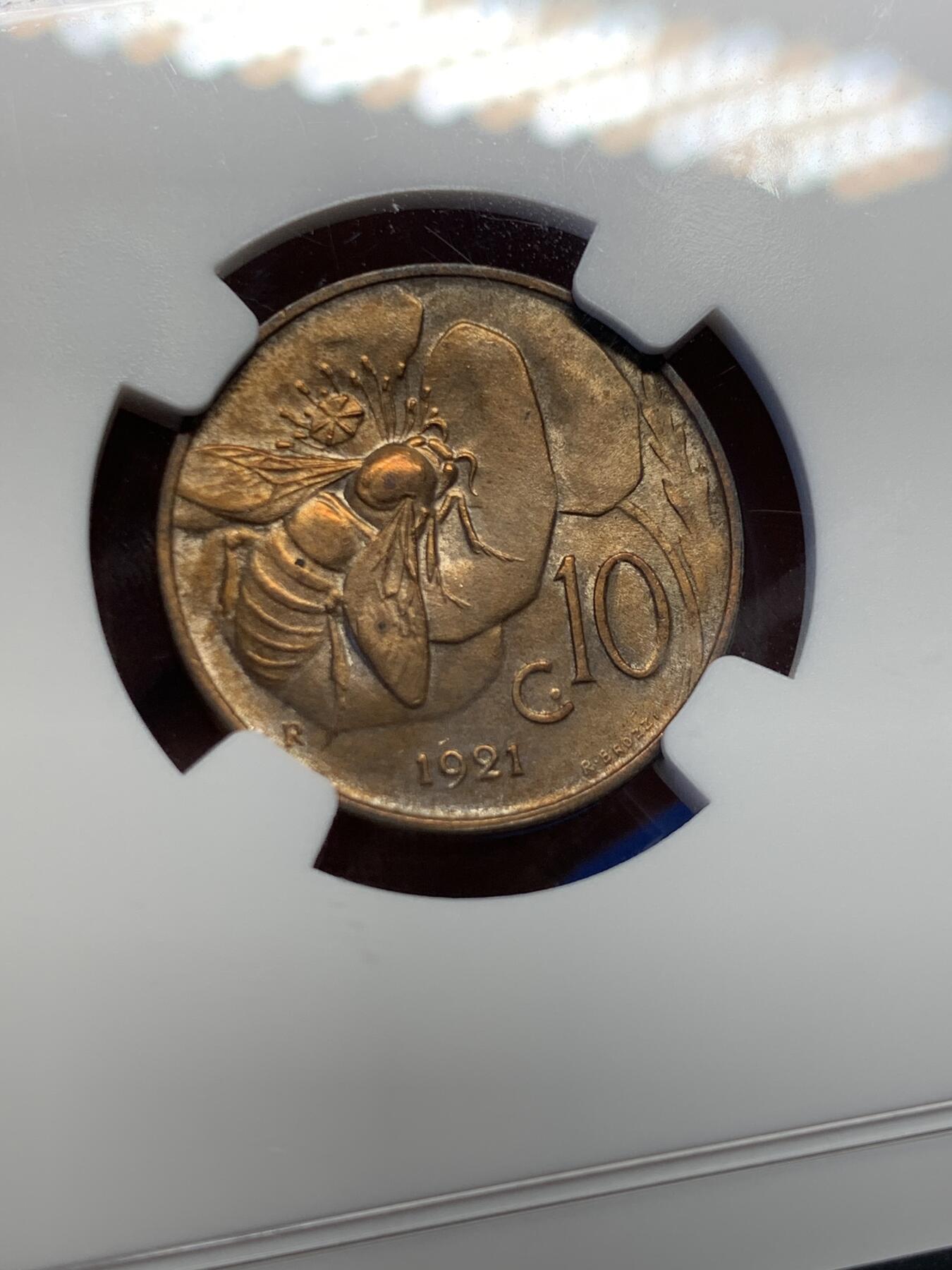 《竞宝斋》第398场 周日，周一，2场连拍 （全场包邮） NGC MS63RB 意大利 1921年 蜜蜂10分 热门品种