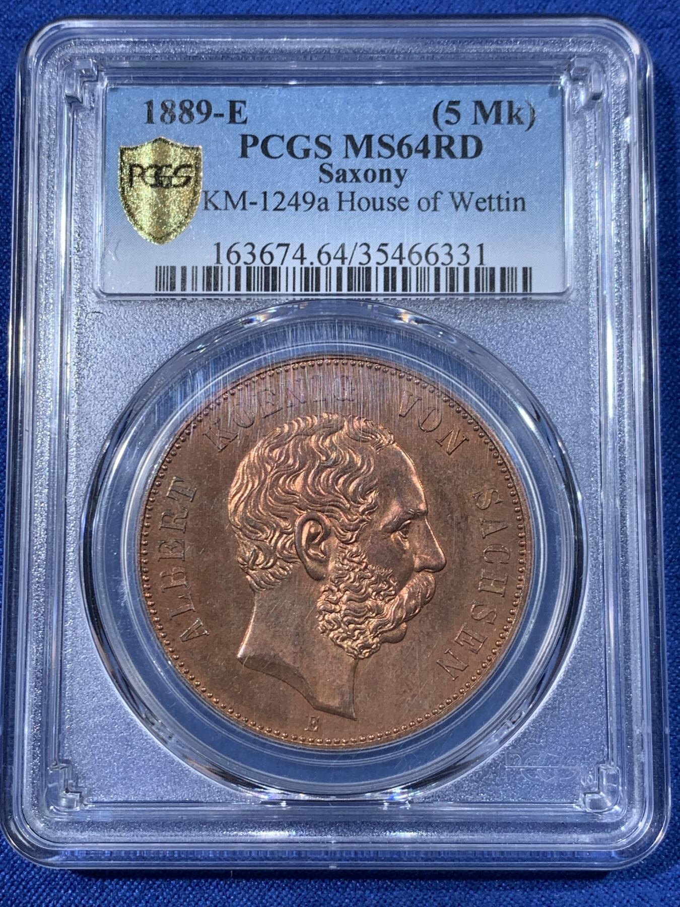 《竞宝斋》第398场 周日，周一，2场连拍 （全场包邮） PCGS MS64RD德国萨克森1889年韦廷王朝800周年5马克铜币 P盒唯一一枚一百多年的RD全铜光