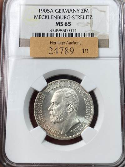 万国钱币拍卖第049期（万国夏季大拍） - NGC MS65 1905年德国梅克伦堡-施特雷利茨阿道夫·弗里德里希五世大公长翅流通2马克 顶级小邦品种 银霜转光BU收藏级 NGC唯一亚军分 HA拍卖原物
