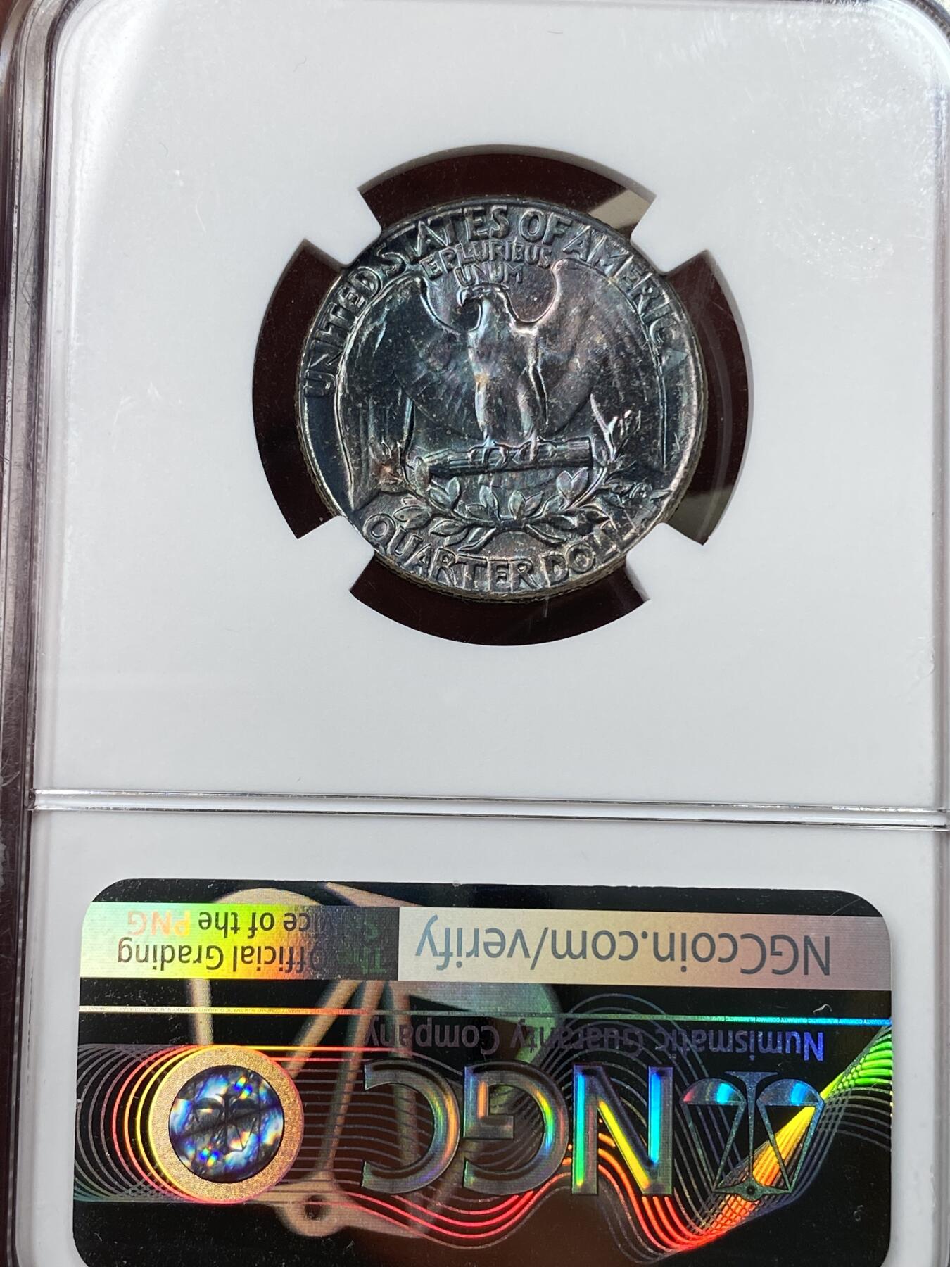 万国钱币拍卖第049期（万国夏季大拍） NGC MS66 1957年美国华盛顿25美分银币 GEM品相 玫瑰蓝彩包浆