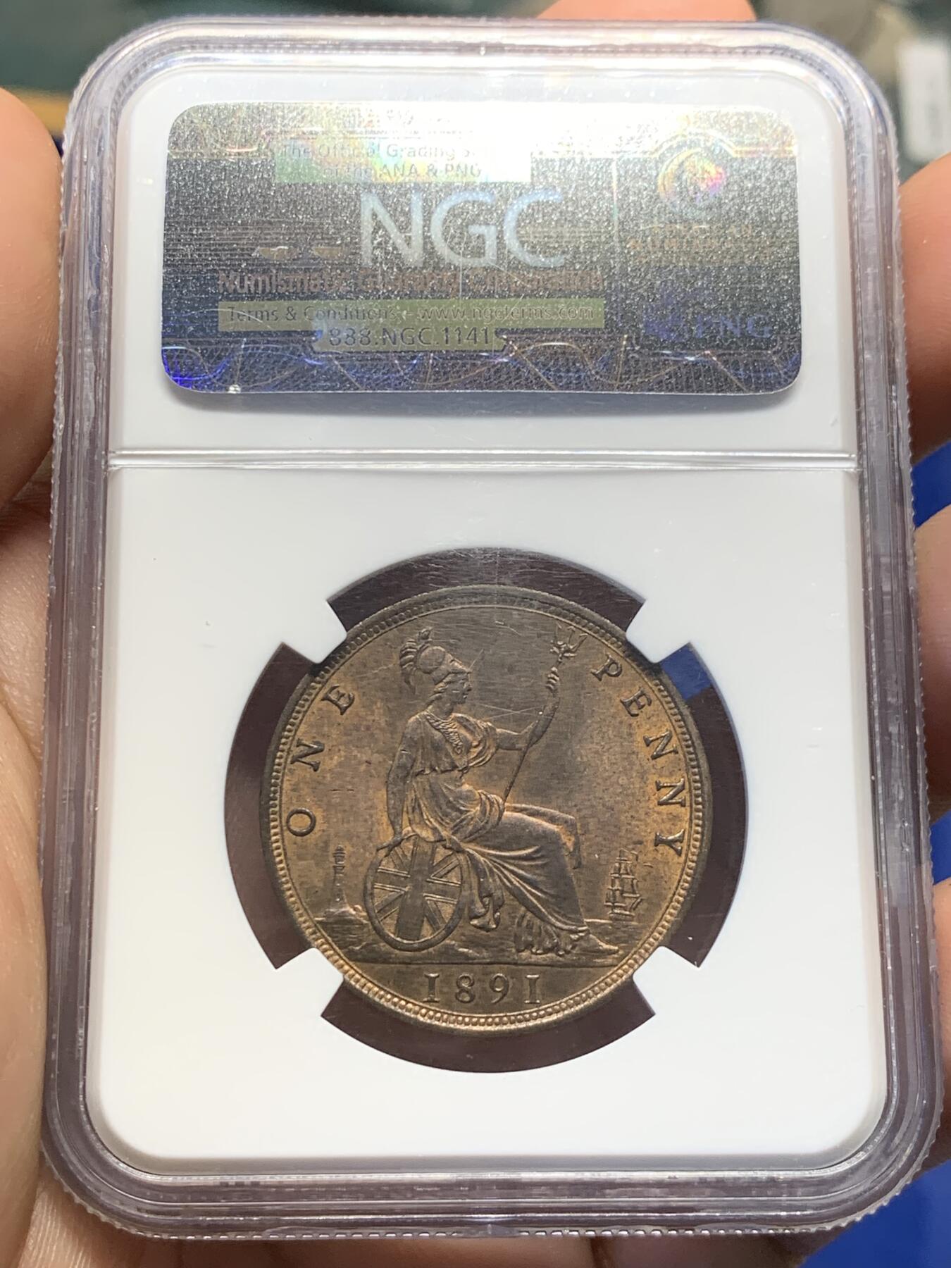 《竞宝斋》第398场 周日，周一，2场连拍 （全场包邮） NGC-MS64 1891年英国维多利亚一便士铜币 经典设计