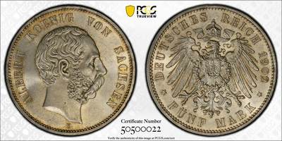 万国钱币拍卖第049期（万国夏季大拍） - PCGS MS65 1902年德国萨克森王国阿尔伯特长翅流通5马克 罕见高分流通版本 区别于常见的1902逝世5马克 BU淡金彩车轮转光