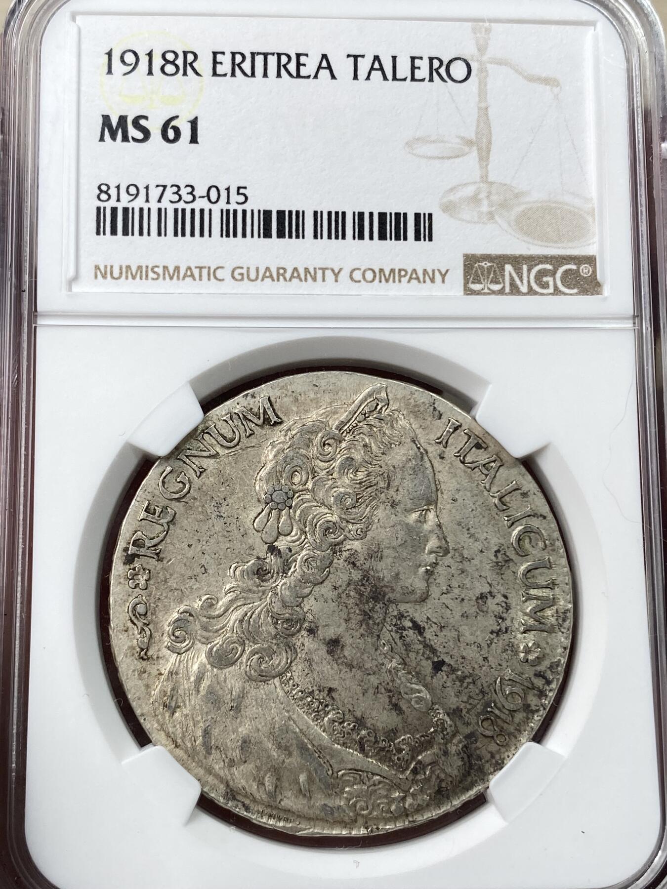 万国钱币拍卖第049期（万国夏季大拍） NGC MS61 1918意属厄立特里亚女神1塔勒 原味好品