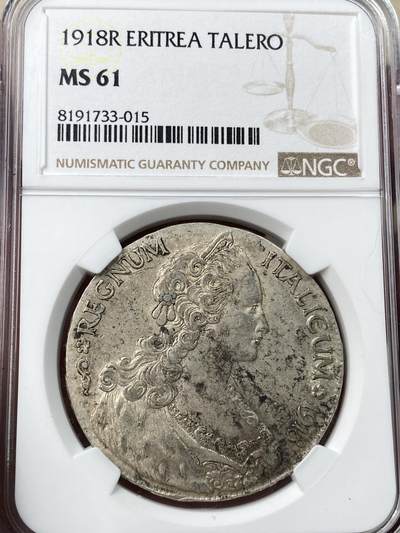 万国钱币拍卖第049期（万国夏季大拍） - NGC MS61 1918意属厄立特里亚女神1塔勒 原味好品