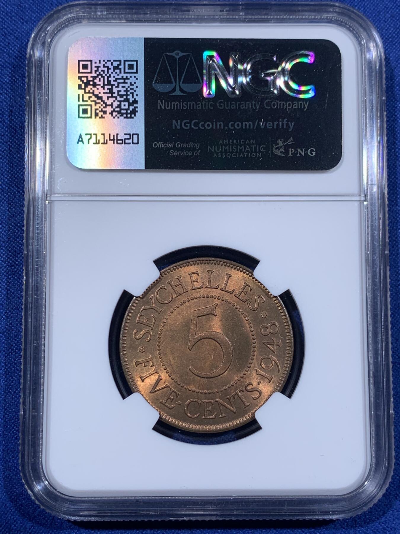 《竞宝斋》第398场 周日，周一，2场连拍 （全场包邮） NGC-MS64RB/63RB 1948塞舌尔2分&5分一对 早期塞舌尔铜币非常少见 品相这么好的更是凤毛麟角 铜光非常舒服 值得收藏