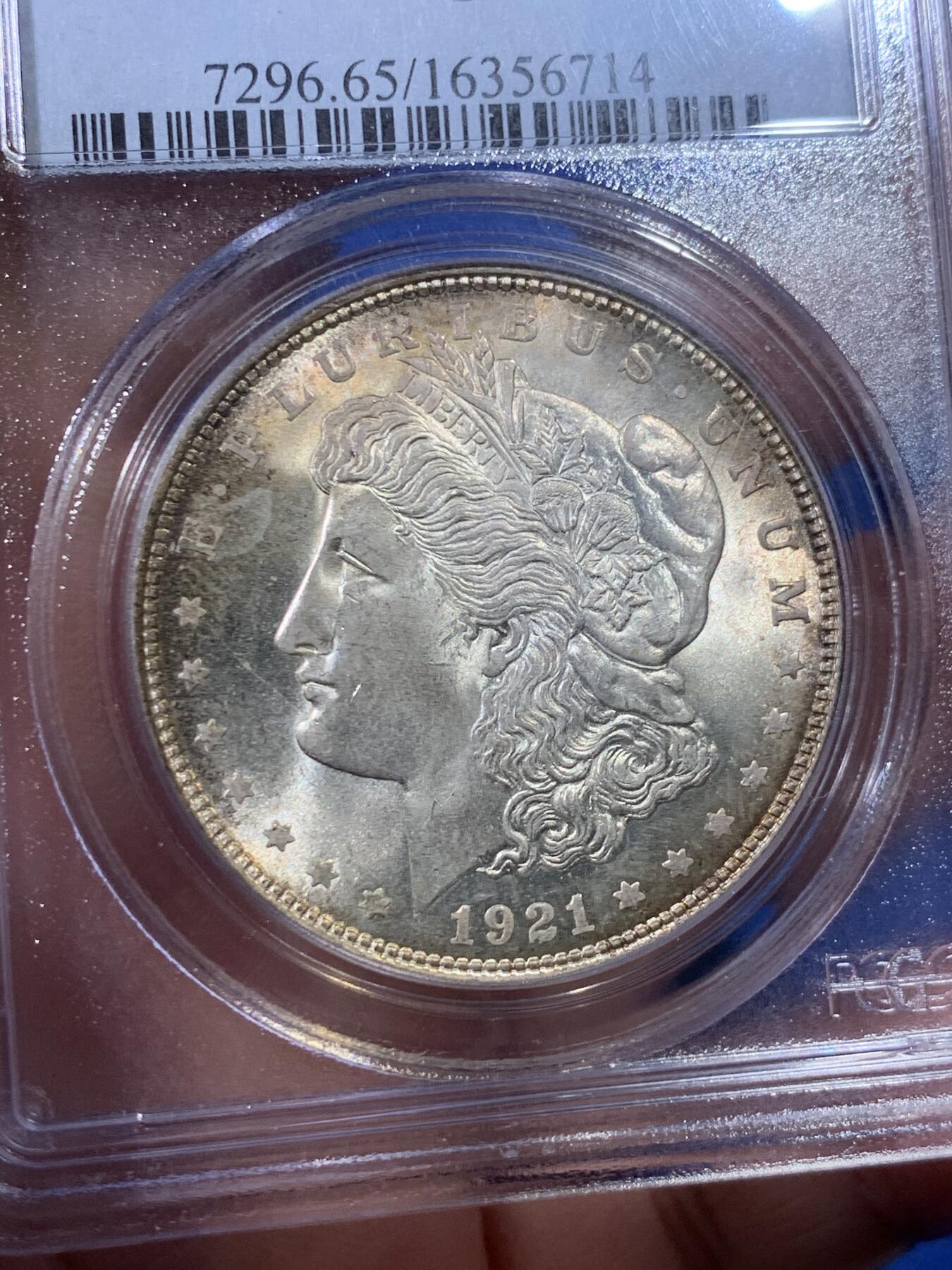 《竞宝斋》第398场 周日，周一，2场连拍 （全场包邮） PCGS MS65 美国 1921 摩根银币 淡彩包浆 非常漂亮的