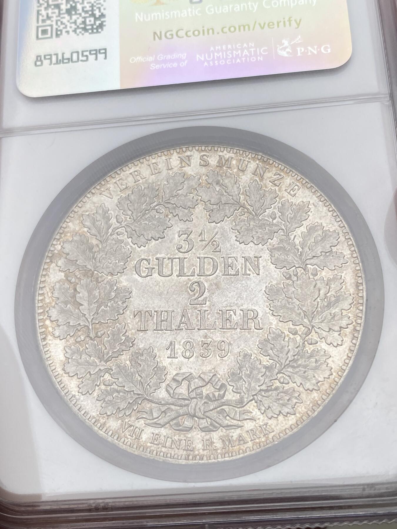 万国钱币拍卖第049期（万国夏季大拍） NGC MS62 1839年德国巴伐利亚路德维希一世流通2泰勒 好品罕见的路一流通2T 淡环金彩十字转光高点极佳