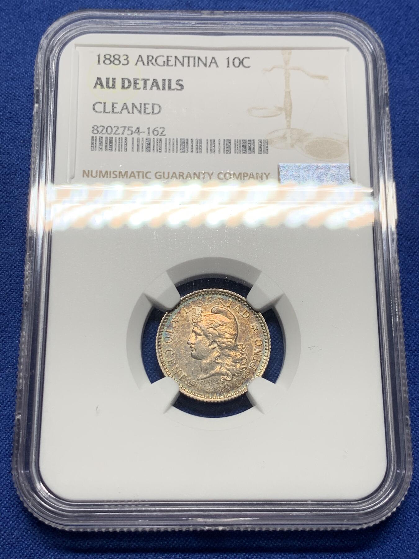 《竞宝斋》第398场 周日，周一，2场连拍 （全场包邮） NGC-AU 阿根廷 1883年10分 银币（.900）金黄色包浆