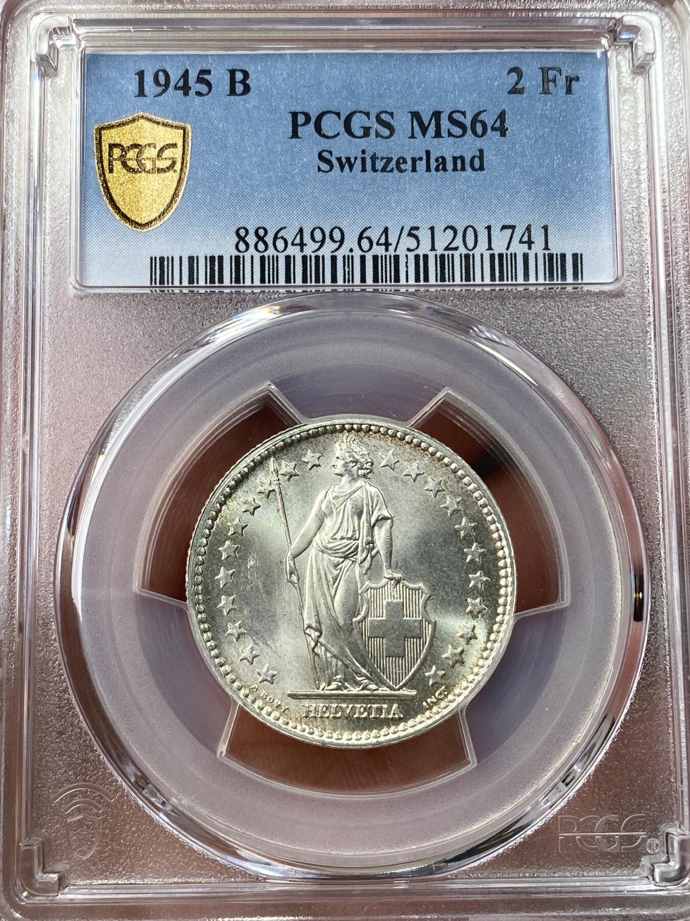 万国钱币拍卖第049期（万国夏季大拍） PCGS MS64 1945瑞士赫尔维蒂女神2法郎银币 原光品相