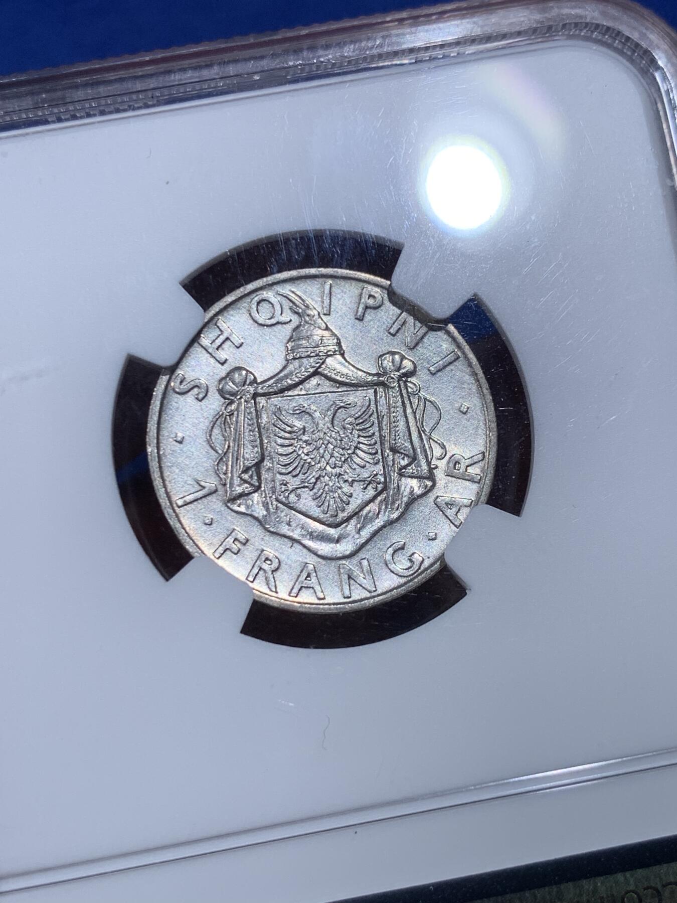 《竞宝斋》第398场 周日，周一，2场连拍 （全场包邮） NGC UNC 阿尔巴尼亚1937年1法郎银币 少见年份