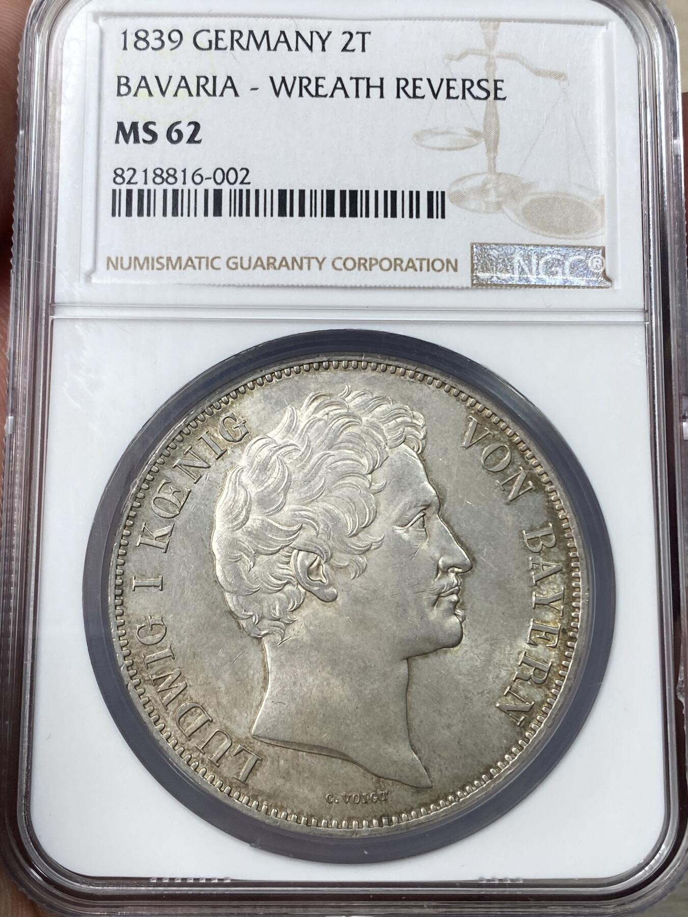 万国钱币拍卖第049期（万国夏季大拍） NGC MS62 1839年德国巴伐利亚路德维希一世流通2泰勒 好品罕见的路一流通2T 淡环金彩十字转光高点极佳