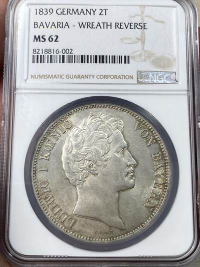 万国钱币拍卖第049期（万国夏季大拍） - NGC MS62 1839年德国巴伐利亚路德维希一世流通2泰勒 好品罕见的路一流通2T 淡环金彩十字转光高点极佳