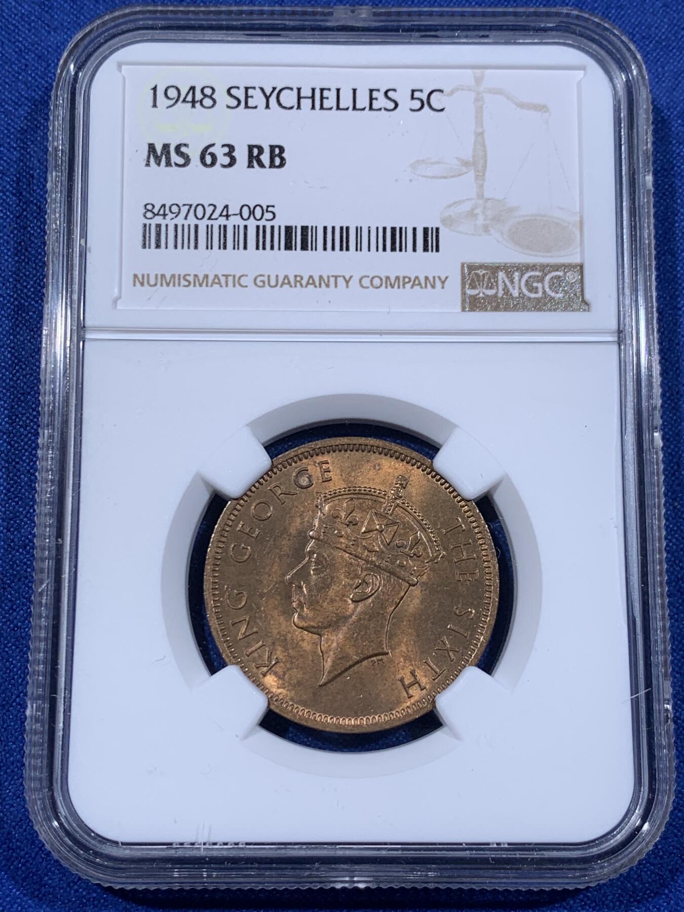 《竞宝斋》第398场 周日，周一，2场连拍 （全场包邮） NGC-MS64RB/63RB 1948塞舌尔2分&5分一对 早期塞舌尔铜币非常少见 品相这么好的更是凤毛麟角 铜光非常舒服 值得收藏