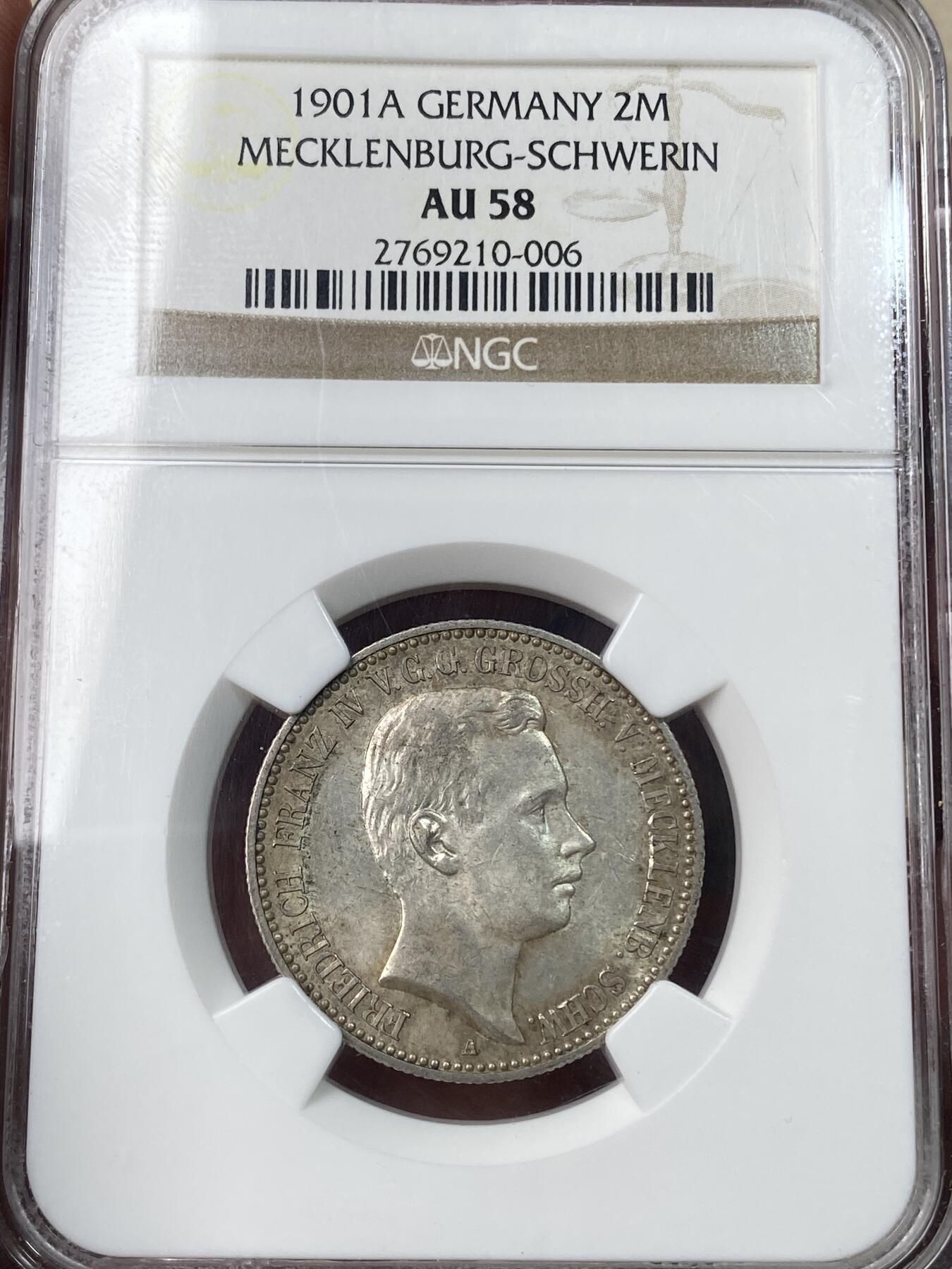 万国钱币拍卖第049期（万国夏季大拍） NGC AU58 1901年德国梅克伦堡-什未林大公国弗里德里希·弗朗茨四世长翅流通2马克 罕见小邦品种 欧陆原味转光