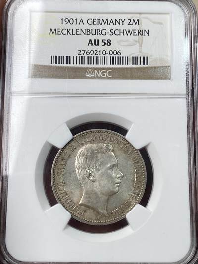 万国钱币拍卖第049期（万国夏季大拍） - NGC AU58 1901年德国梅克伦堡-什未林大公国弗里德里希·弗朗茨四世长翅流通2马克 罕见小邦品种 欧陆原味转光