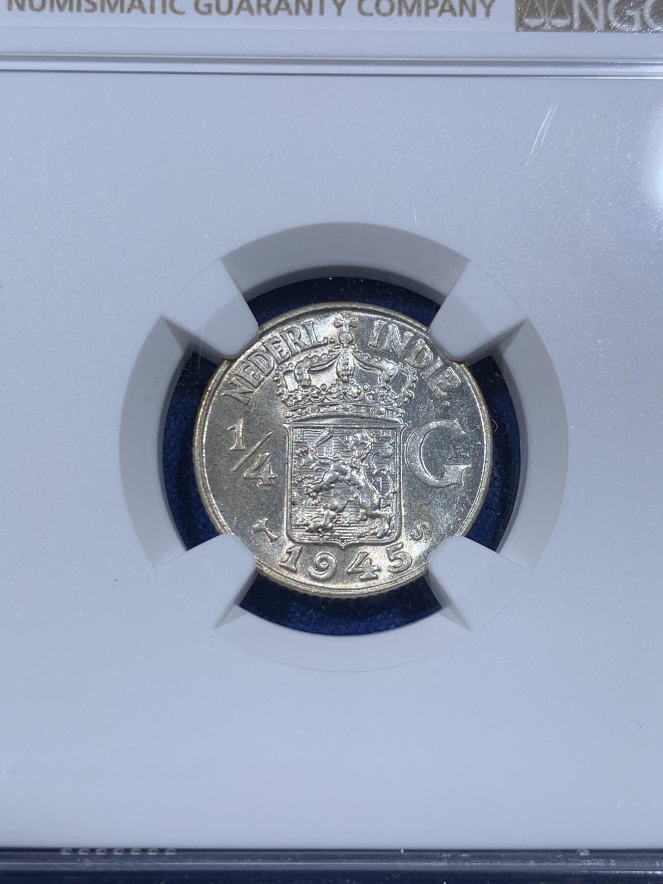 《竞宝斋》第398场 周日，周一，2场连拍 （全场包邮） NGC-MS64 荷属东印度1945S 1/4盾银币
