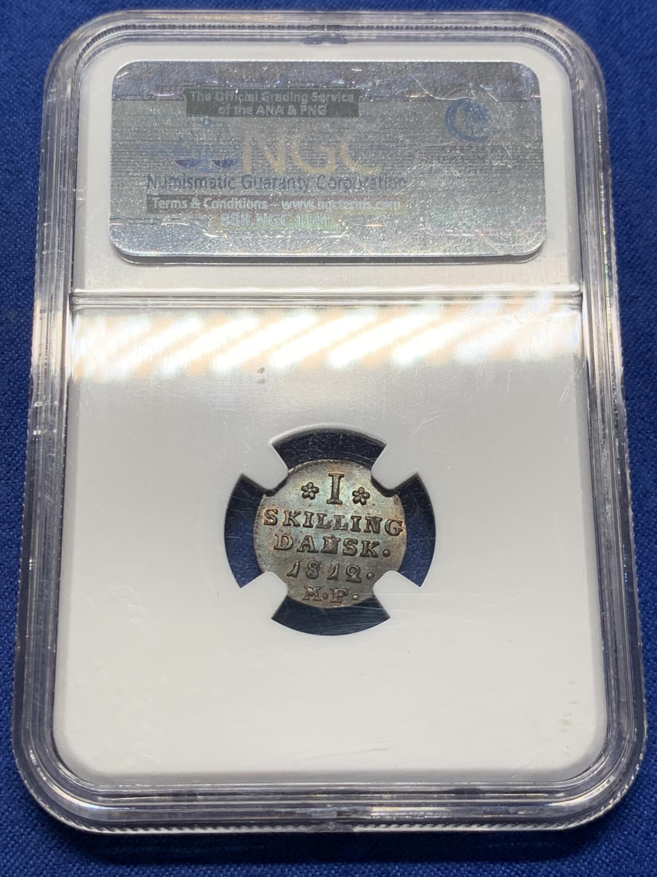 《竞宝斋》第398场 周日，周一，2场连拍 （全场包邮） NGC-MS65 丹麦1812年1斯基林铜币，超高分，充分流通的品种，小而精，铜光显著，值得收藏