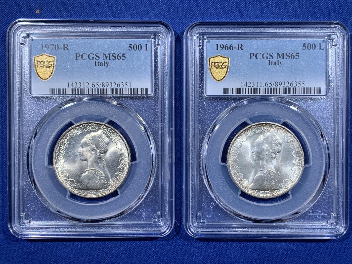 《竞宝斋》第398场 周日，周一，2场连拍 （全场包邮） 两枚一组 PCGS MS65 1966-1970年意大利500里拉 美女帆船 高分