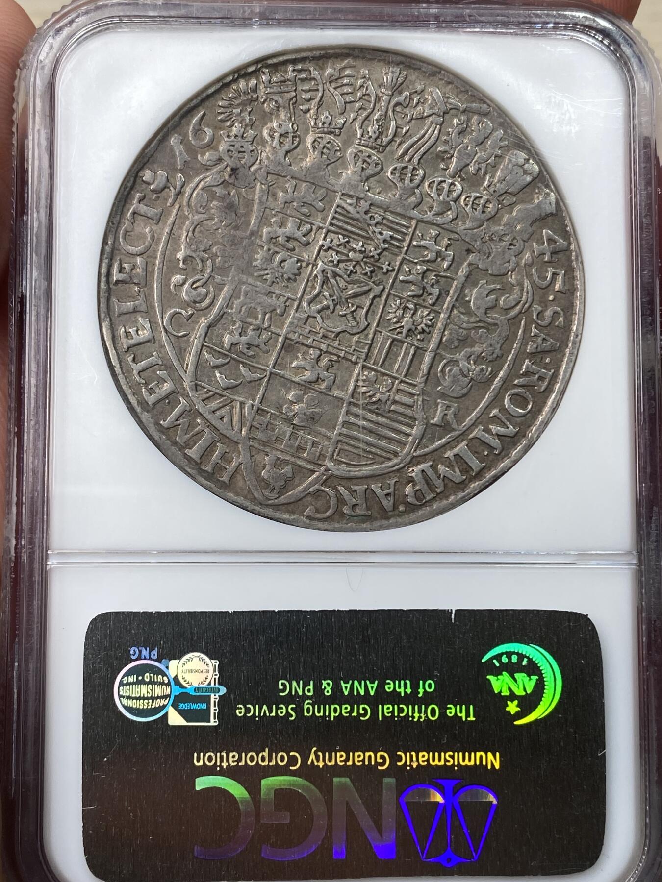 万国钱币拍卖第049期（万国夏季大拍） NGC AU55 1645年德国神圣罗马帝国萨克森乔治一世盾徽大泰勒 德累斯顿造币厂铸 大规格神罗系泰勒 NGC老盒