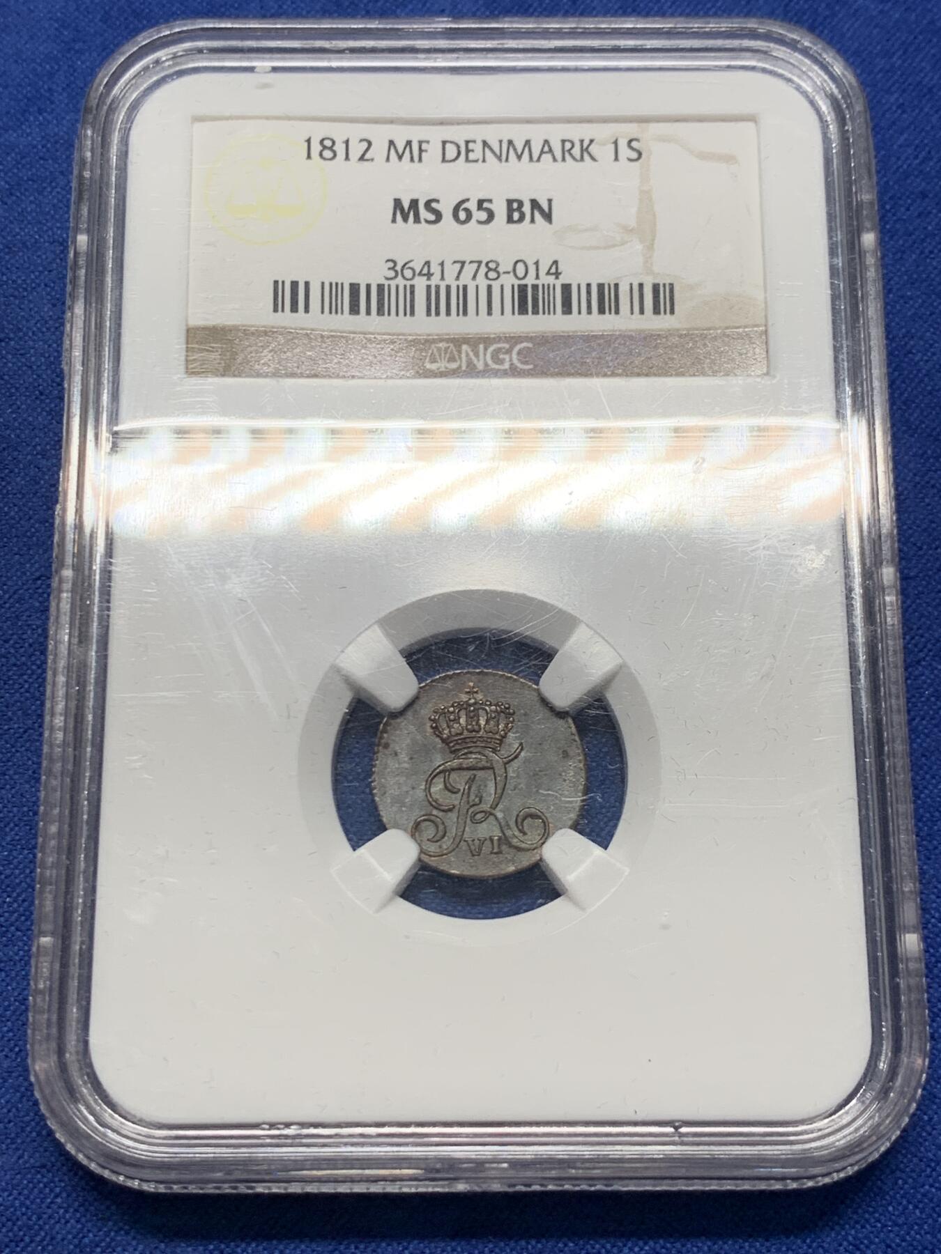 《竞宝斋》第398场 周日，周一，2场连拍 （全场包邮） NGC-MS65 丹麦1812年1斯基林铜币，超高分，充分流通的品种，小而精，铜光显著，值得收藏