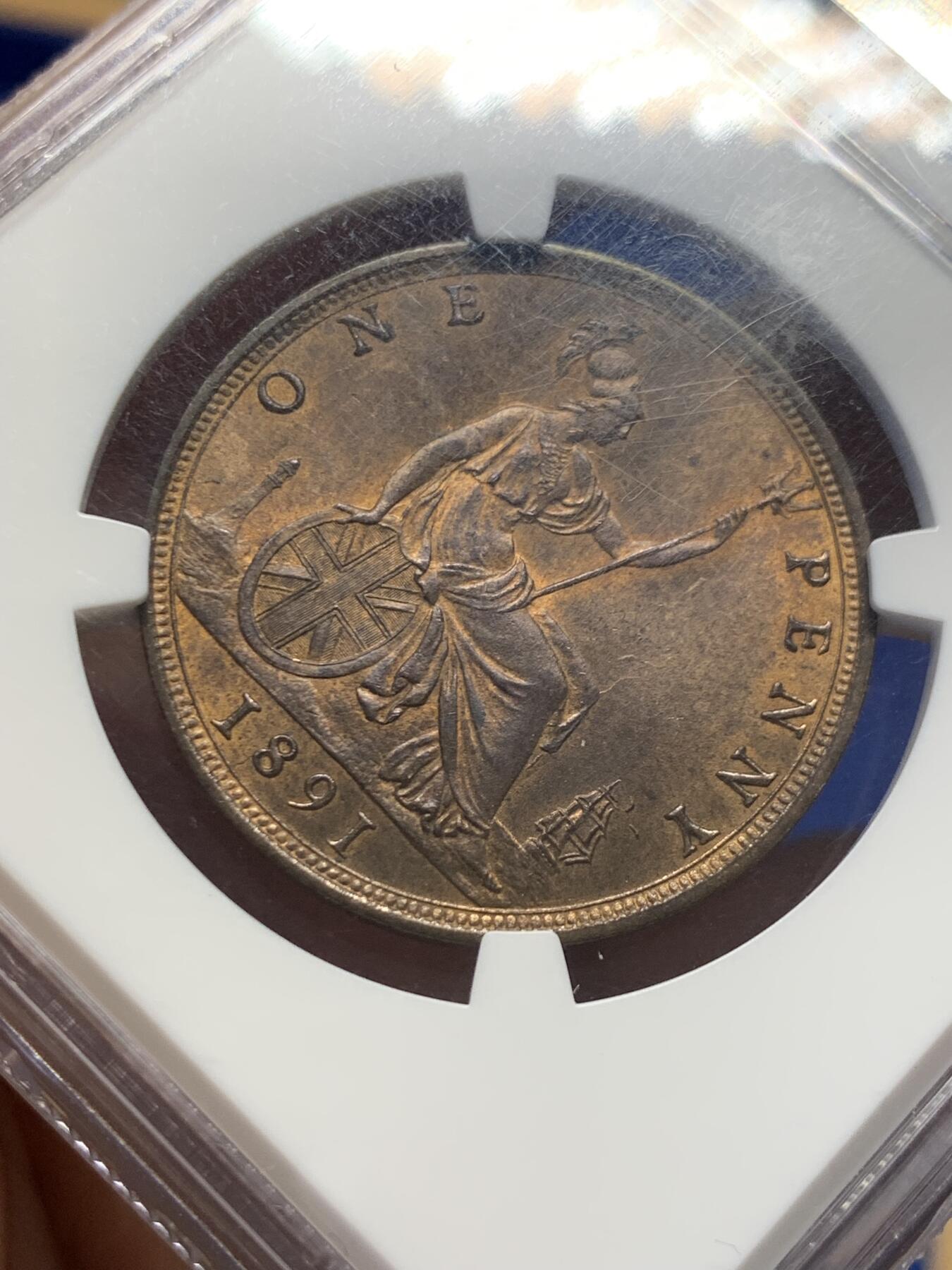 《竞宝斋》第398场 周日，周一，2场连拍 （全场包邮） NGC-MS64 1891年英国维多利亚一便士铜币 经典设计