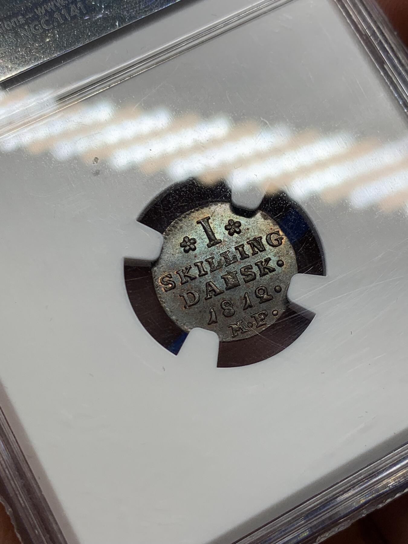 《竞宝斋》第398场 周日，周一，2场连拍 （全场包邮） NGC-MS65 丹麦1812年1斯基林铜币，超高分，充分流通的品种，小而精，铜光显著，值得收藏