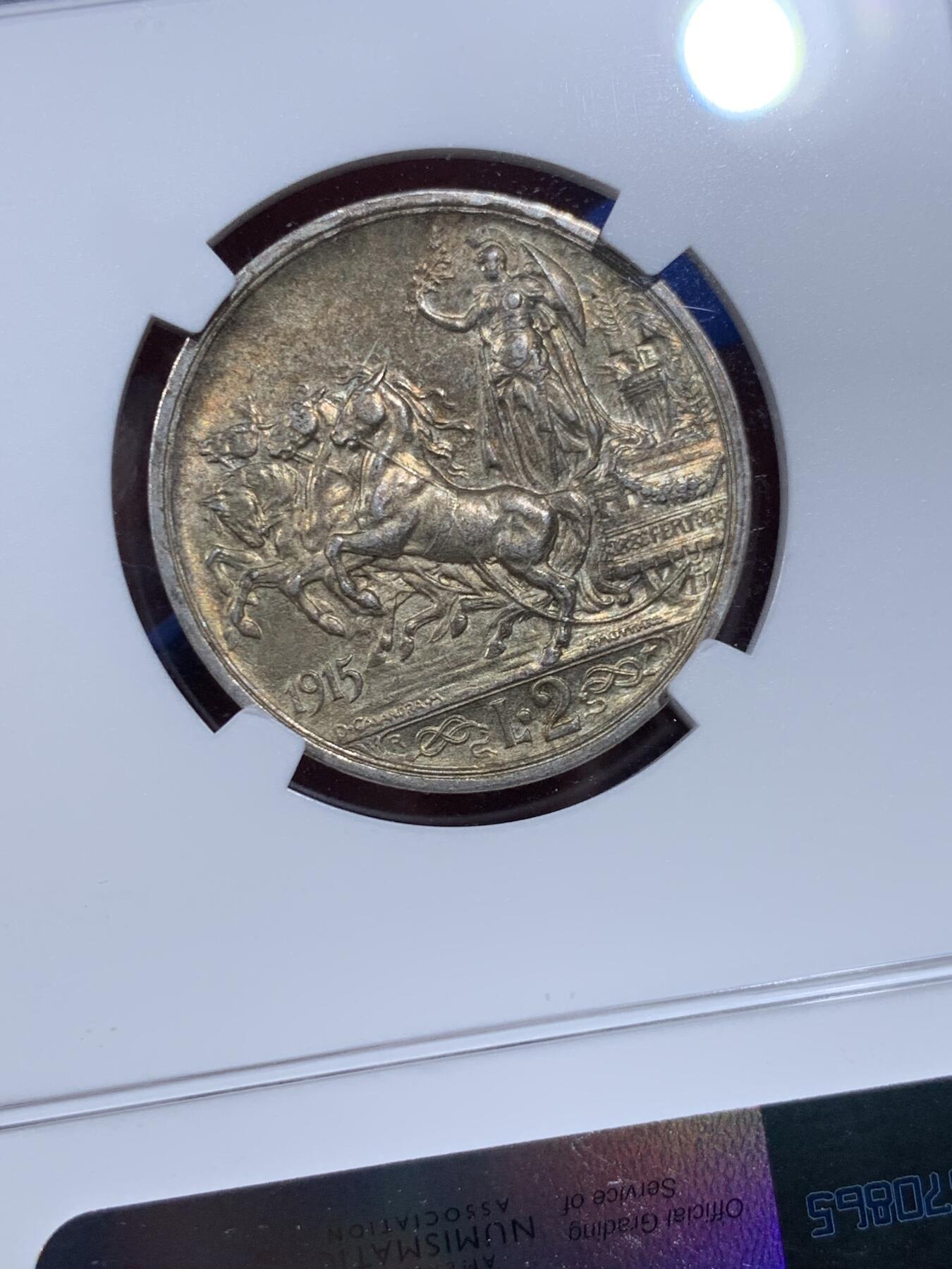 《竞宝斋》第398场 周日，周一，2场连拍 （全场包邮） NGC MS62 1915R意大利马车2里拉 绝美原味黄油彩