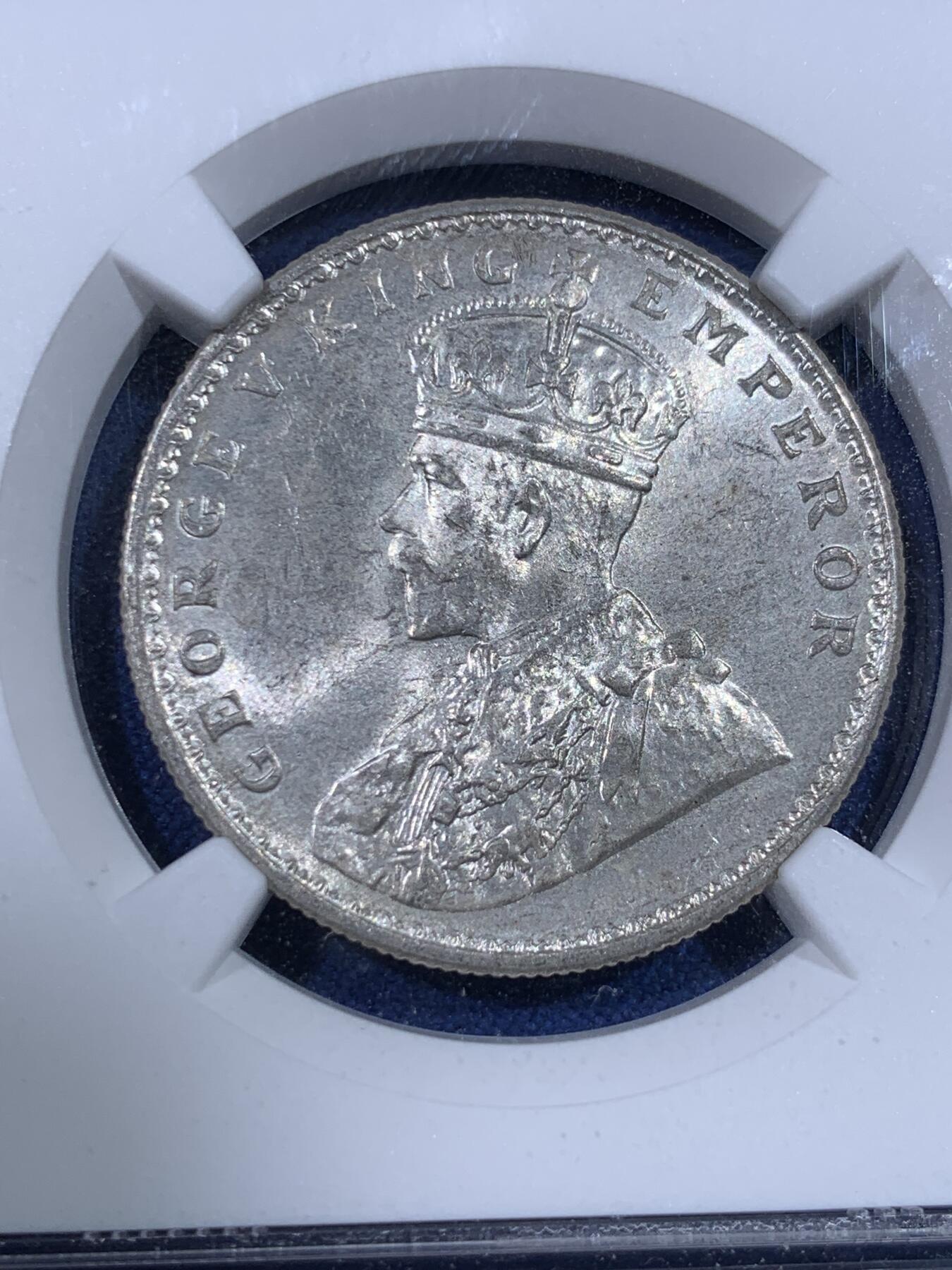 《竞宝斋》第398场 周日，周一，2场连拍 （全场包邮） NGC-MS62 1920C英属印度乔治五世一卢比银币