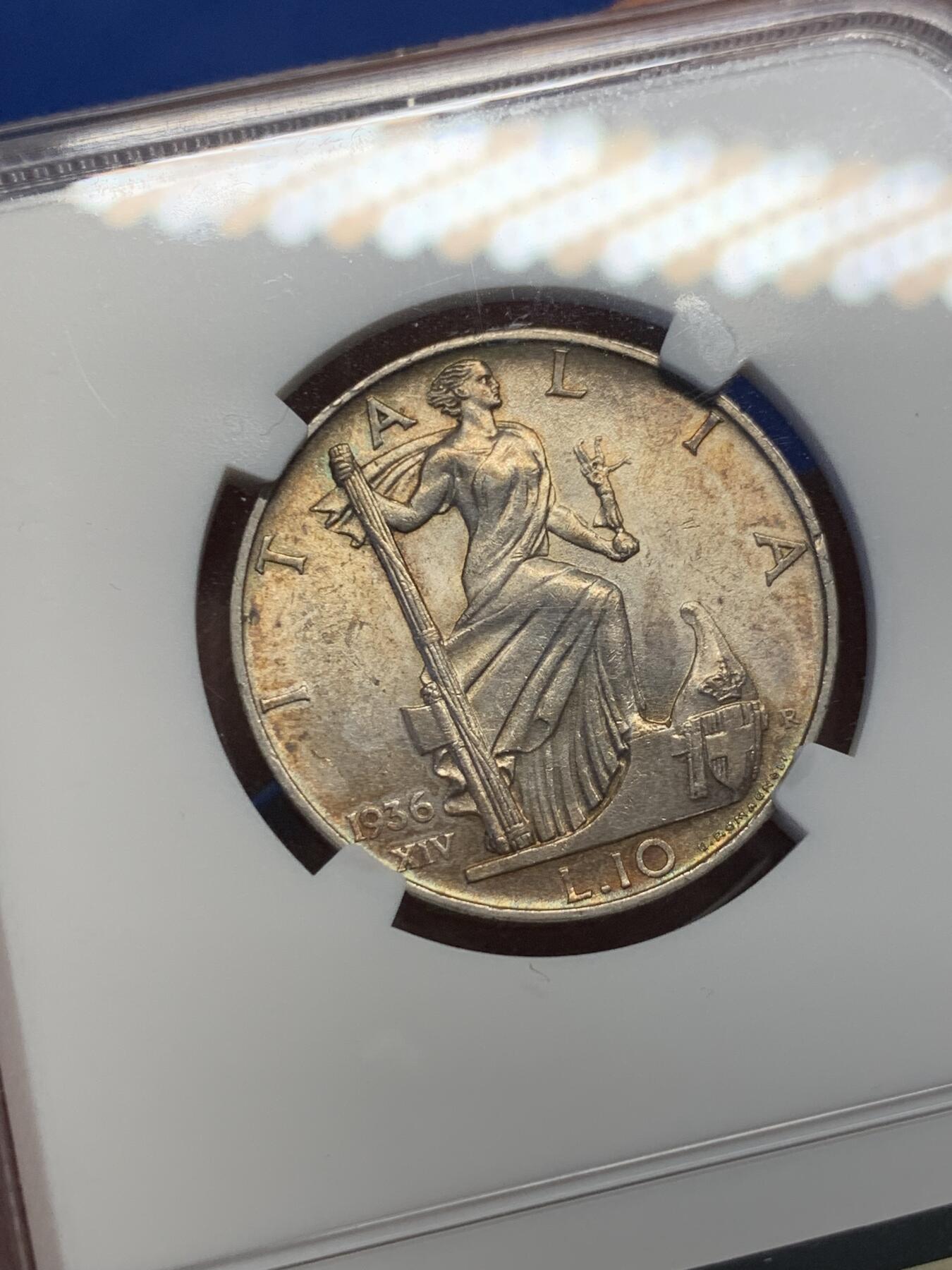 《竞宝斋》第398场 周日，周一，2场连拍 （全场包邮） NGC UNC 意大利1936年10里拉银币 改版的妹妹站船头形象更具力量和权利的象征