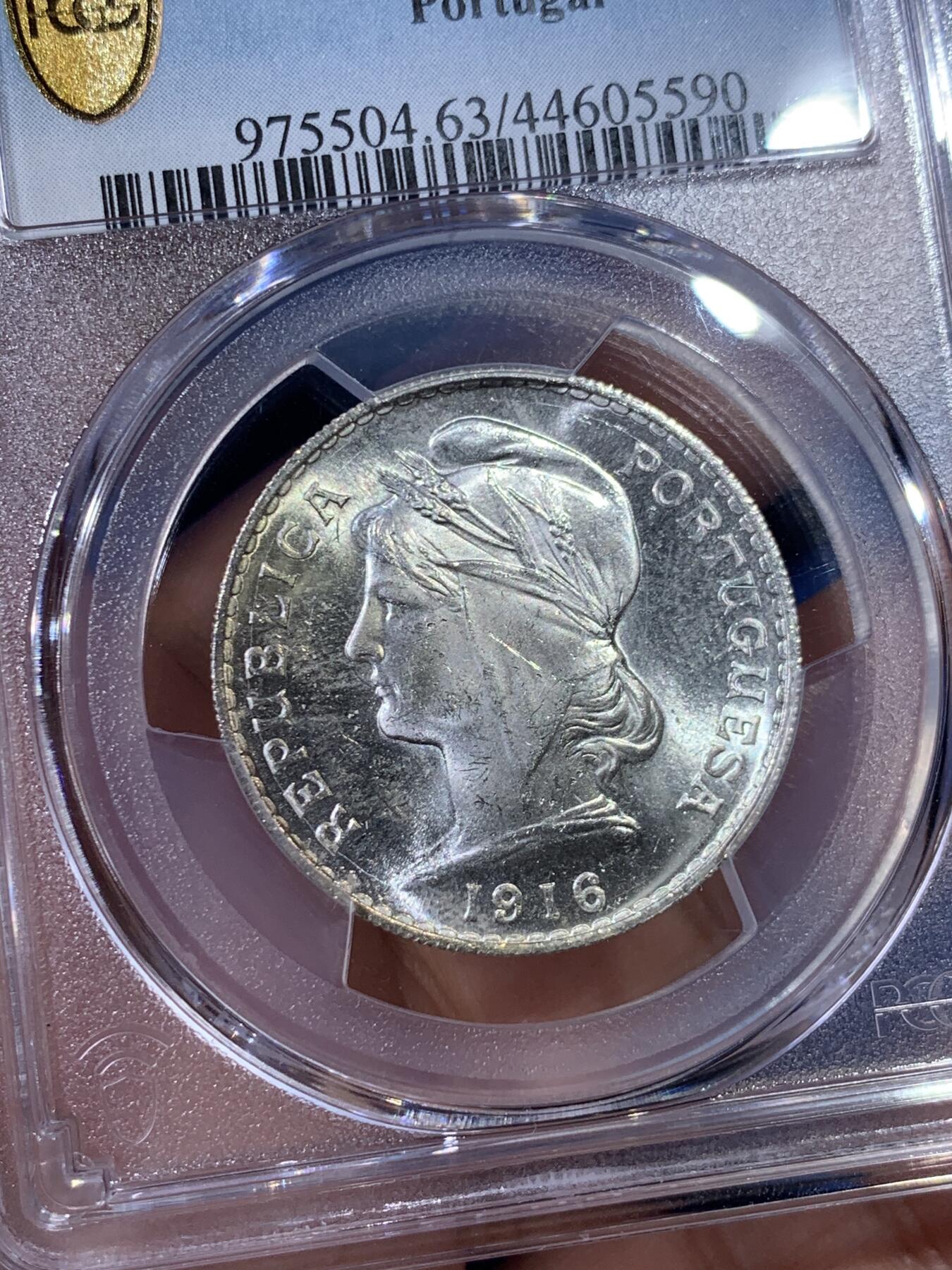 《竞宝斋》第398场 周日，周一，2场连拍 （全场包邮） PCGS MS63 葡萄牙 1916年 50分银币 白净转光