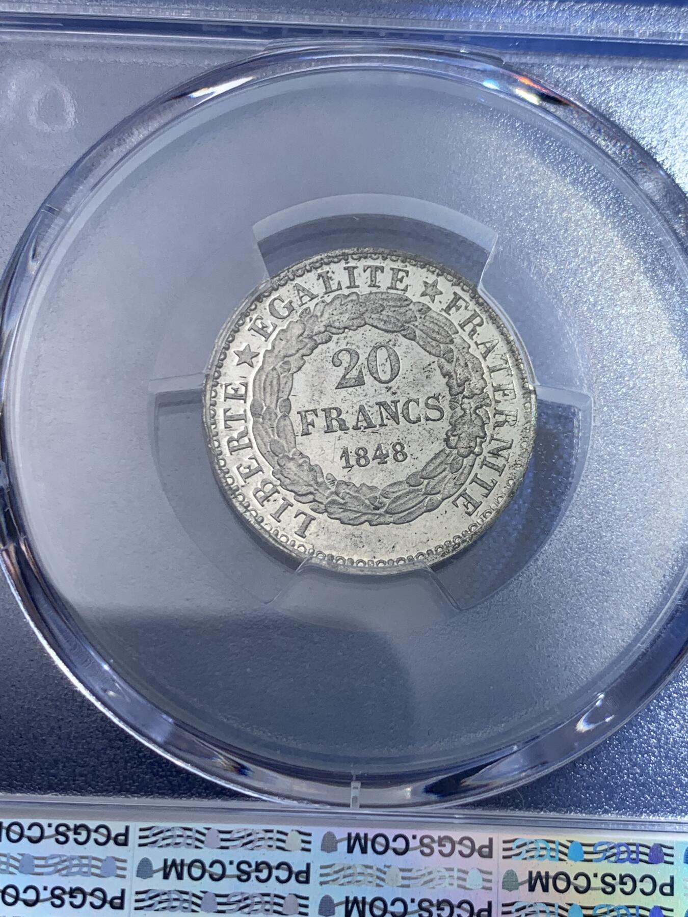 《竞宝斋》第398场 周日，周一，2场连拍 （全场包邮） PCGS SP64 法国1848年20法郎试铸样币 PCGS唯一冠军分