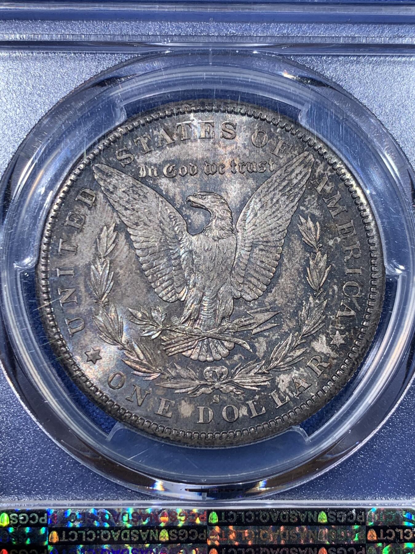 《竞宝斋》第398场 周日，周一，2场连拍 （全场包邮） PCGS MS65 1881年S美国摩根一美元大银 BU银光炫彩倒影包浆