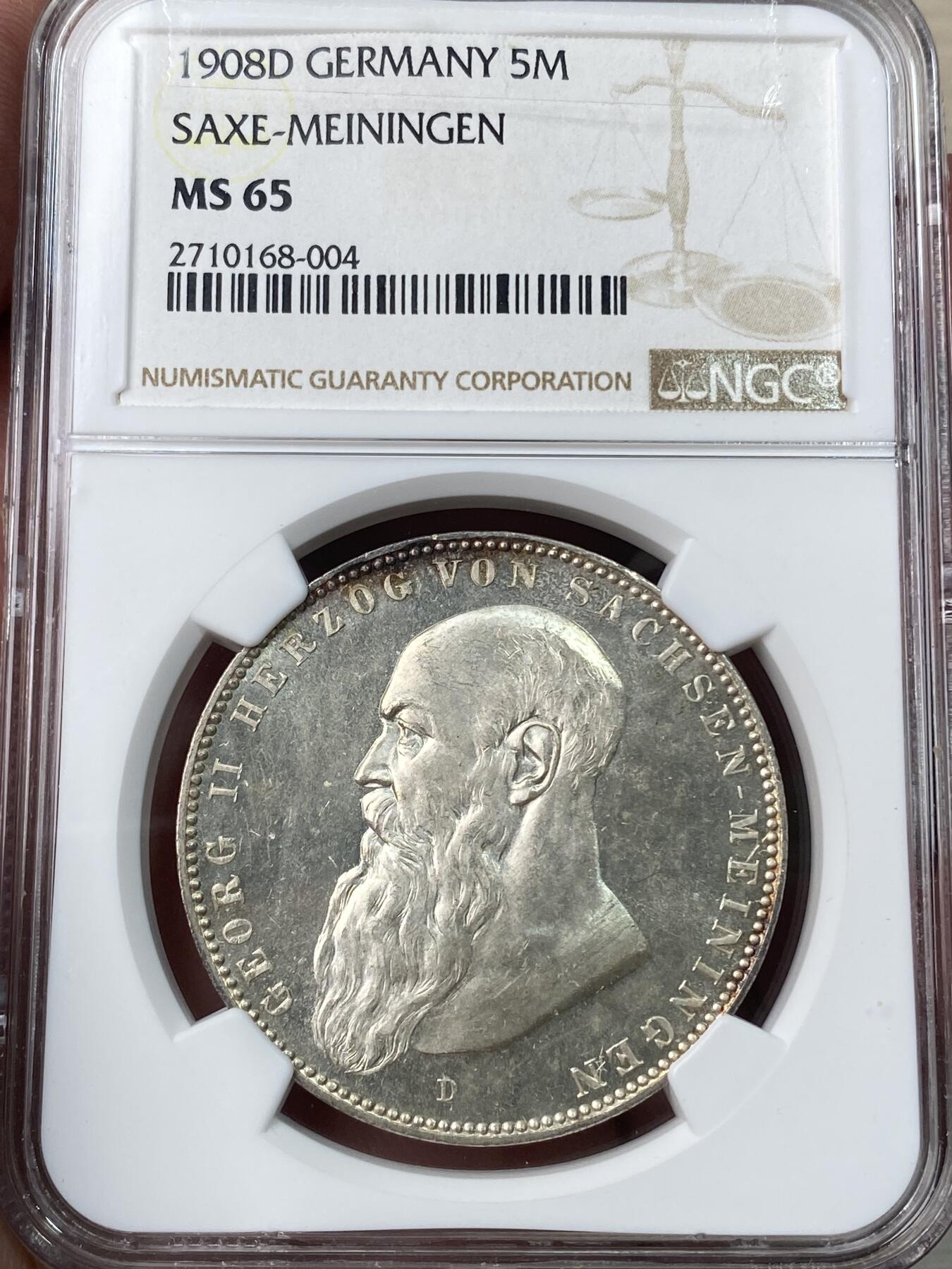 万国钱币拍卖第049期（万国夏季大拍） NGC MS65 1908年德国萨克森-梅宁根乔治二世亲王长翅流通5马克 十字转光淡包浆 类镜面喷砂质感 乔治二世同时也是著名的世界上第一位导演 NGC冠军分 顶级收藏品质