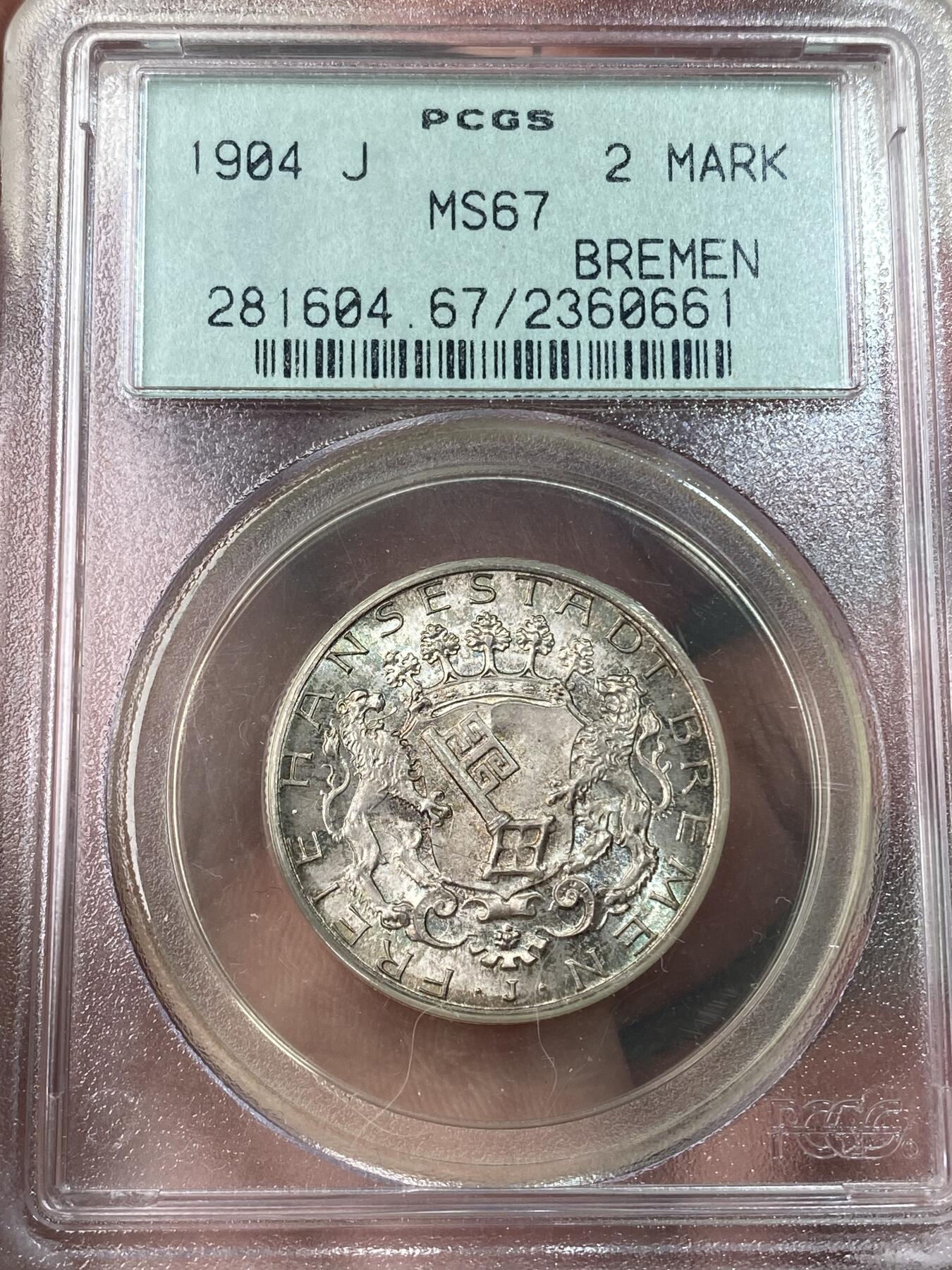 万国钱币拍卖第049期（万国夏季大拍） PCGS MS67 1904年德国不莱梅双狮护匙长翅流通2马克 典雅PC古董老绿盒 五彩包浆沁人心脾 顶级GEM品质