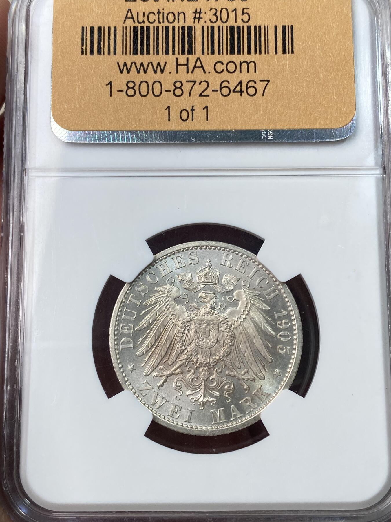 万国钱币拍卖第049期（万国夏季大拍） NGC MS65 1905年德国梅克伦堡-施特雷利茨阿道夫·弗里德里希五世大公长翅流通2马克 顶级小邦品种 银霜转光BU收藏级 NGC唯一亚军分 HA拍卖原物