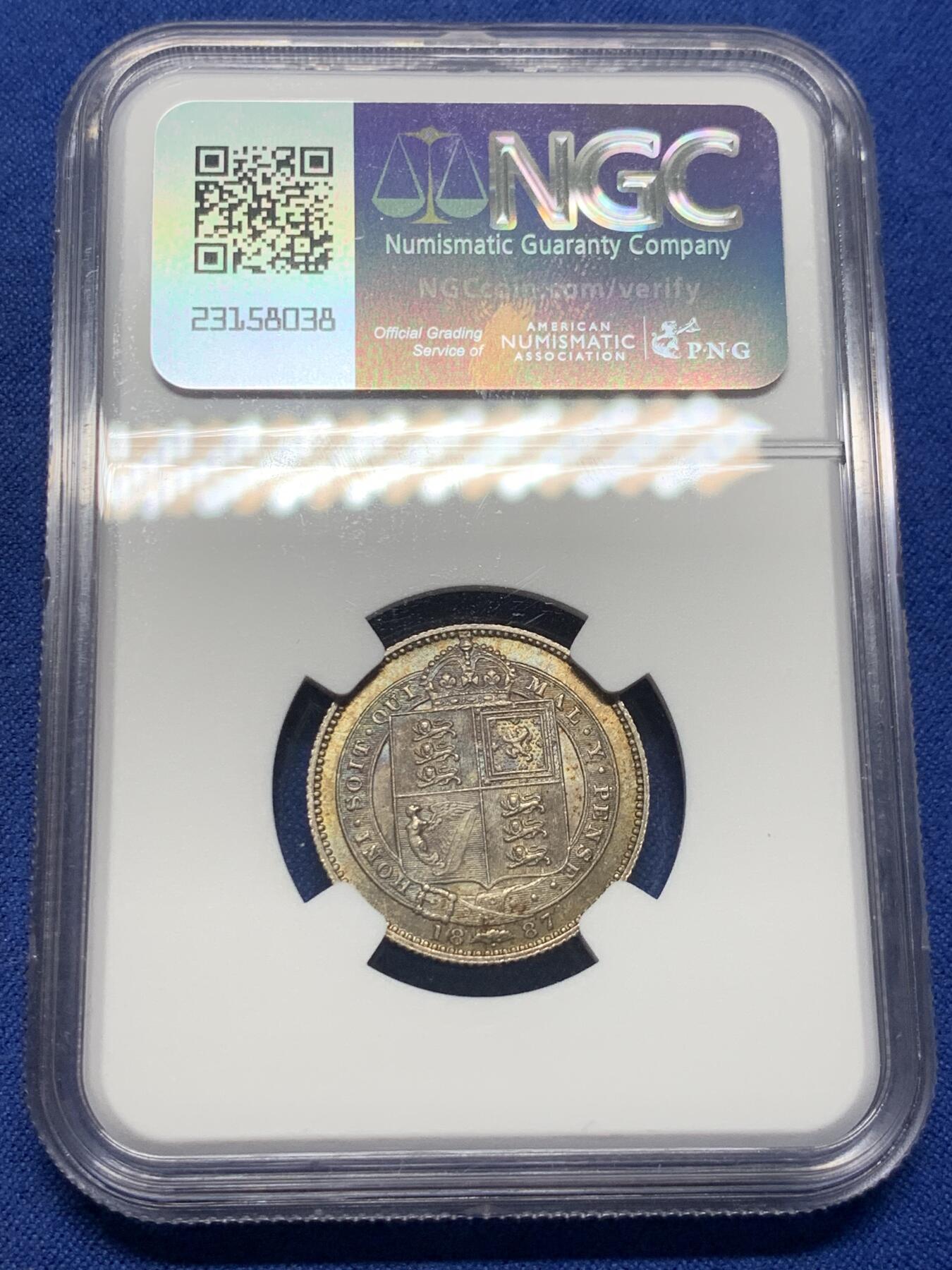 《竞宝斋》第398场 周日，周一，2场连拍 （全场包邮） NGC MS63 英国 1887年 维多利亚高冠 1先令银币 原味深包浆