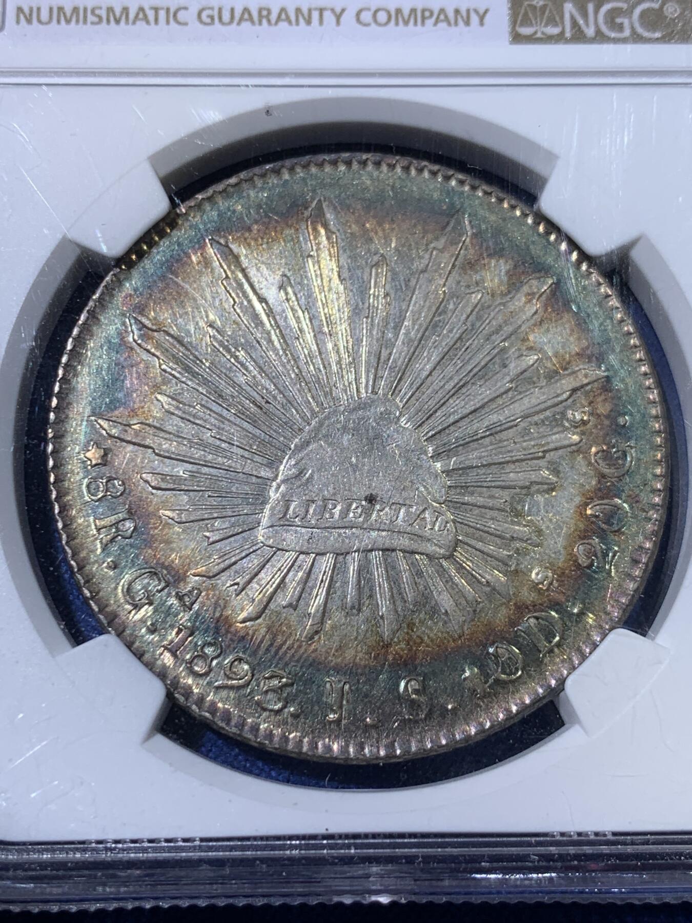 《竞宝斋》第398场 周日，周一，2场连拍 （全场包邮） NGC UNC 墨西哥 1893年花边鹰洋 少见绚丽环彩 正反面都有