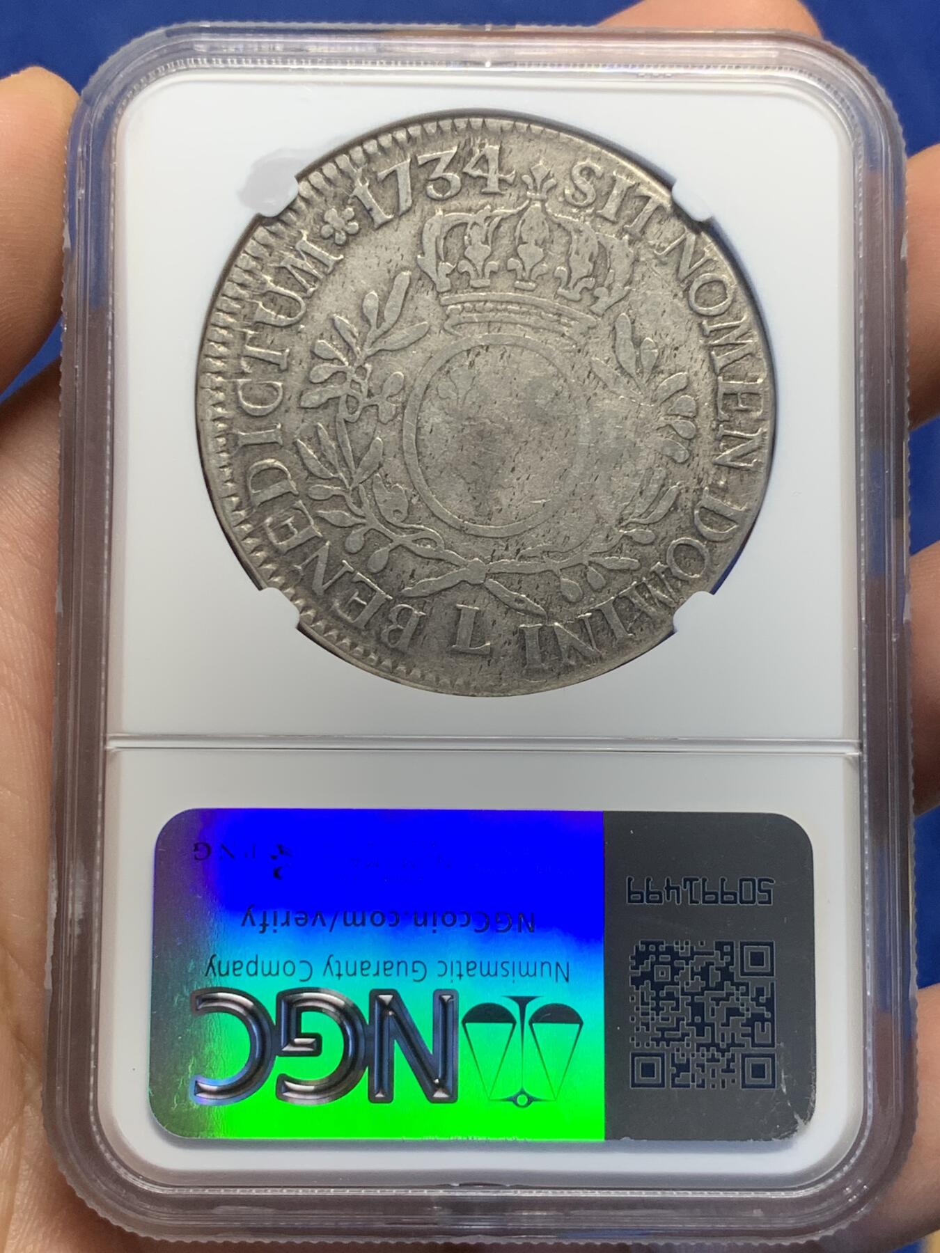 《竞宝斋》第398场 周日，周一，2场连拍 （全场包邮） 唯一冠军分 NGC-F12 法国 1734年 1埃居银币 L厂 该年该厂唯一出分，出分不易