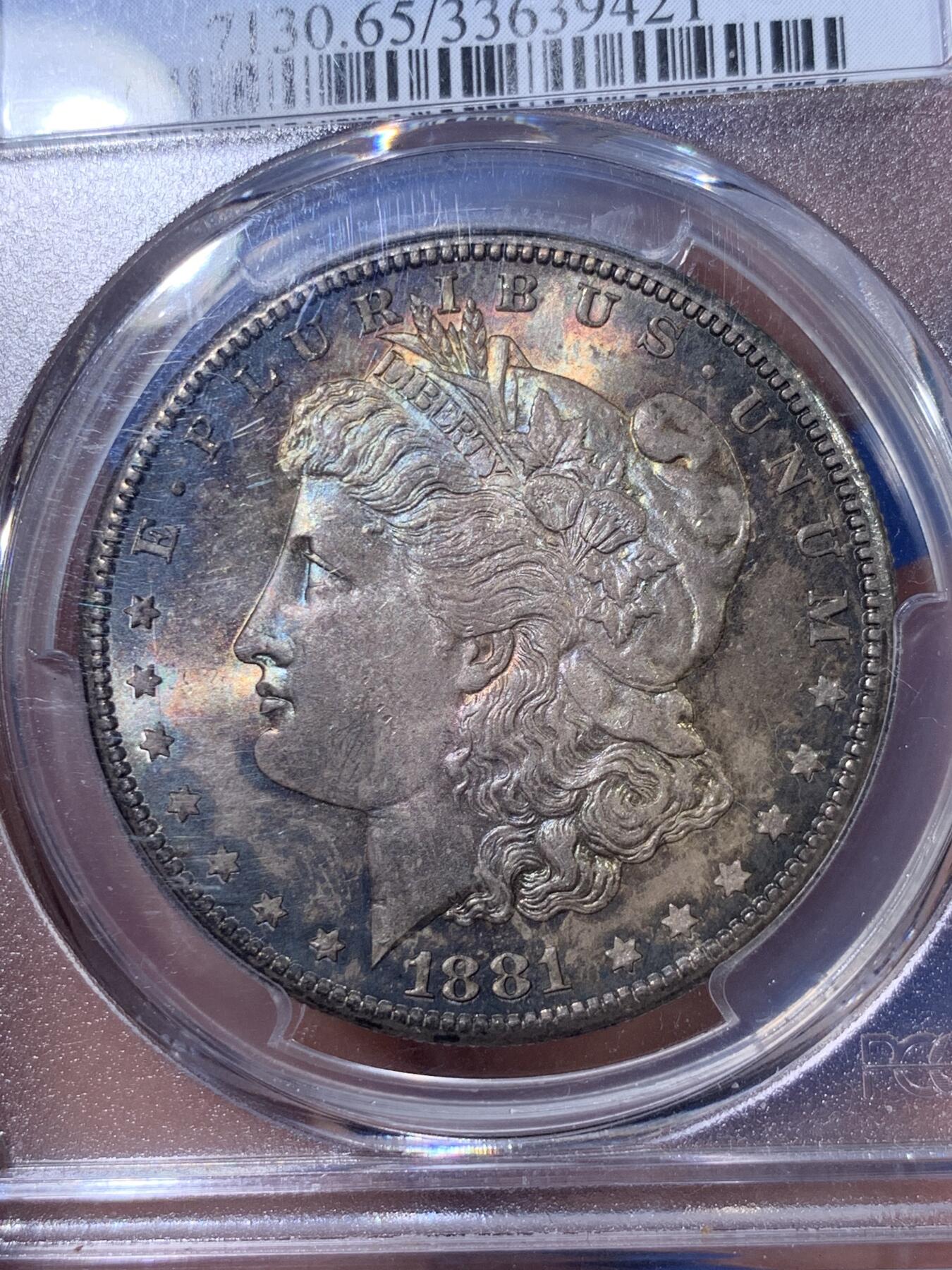 《竞宝斋》第398场 周日，周一，2场连拍 （全场包邮） PCGS MS65 1881年S美国摩根一美元大银 BU银光炫彩倒影包浆