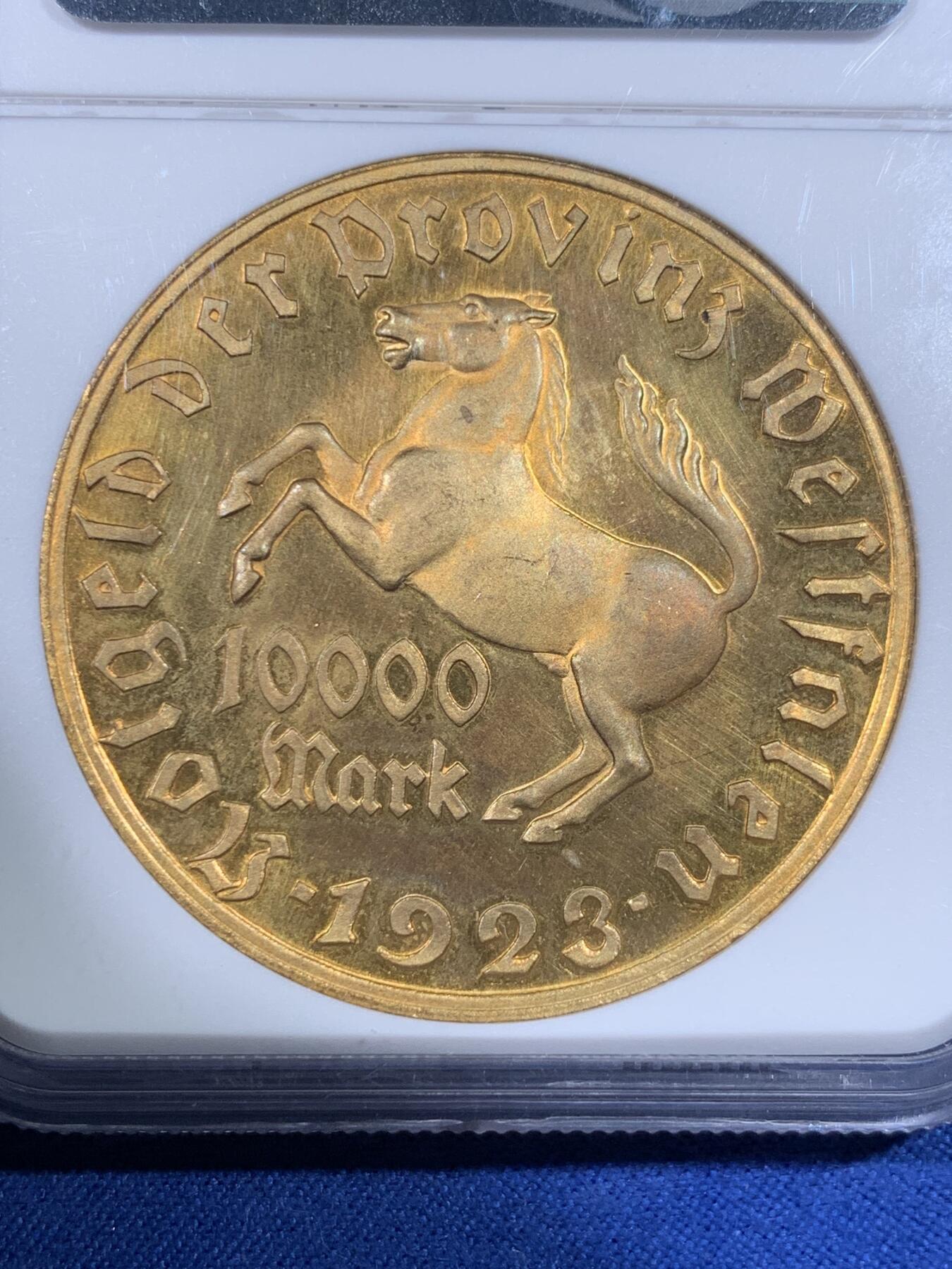 《竞宝斋》第398场 周日，周一，2场连拍 （全场包邮） NGC-MS66 德国 1923年德紧时期威斯特法伦10000马克 大马币 高分难得