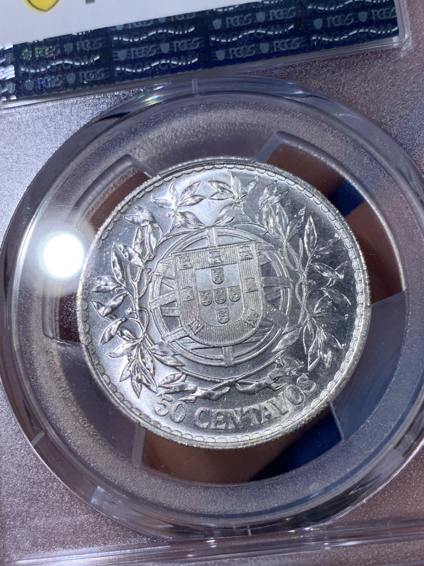 《竞宝斋》第398场 周日，周一，2场连拍 （全场包邮） PCGS MS63 葡萄牙 1916年 50分银币 白净转光