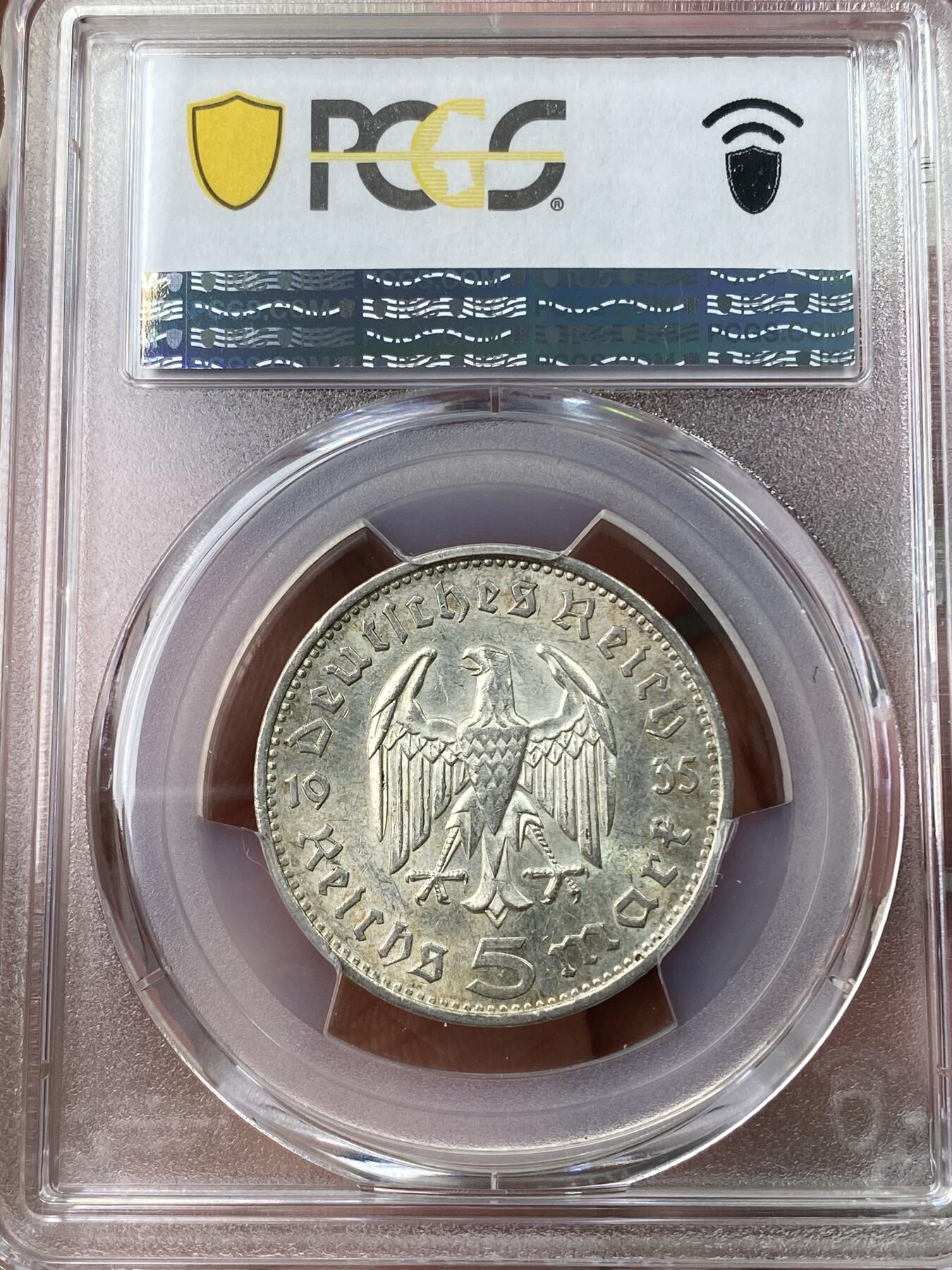 万国钱币拍卖第049期（万国夏季大拍） PCGS MS61 1935年F德国三帝国兴登堡5马克银币 原味转光