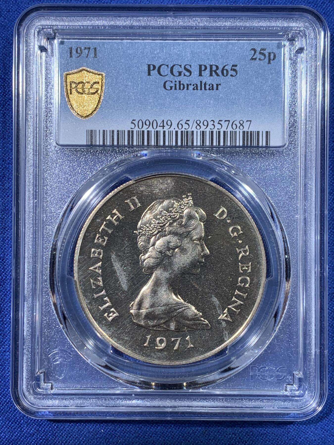 《竞宝斋》第398场 周日，周一，2场连拍 （全场包邮） PCGS-PR65 1971直布罗陀25p大猩猩 是银质的精制版 不是普通的镍版 非常少见 之前HA上PR64的拍了55美金