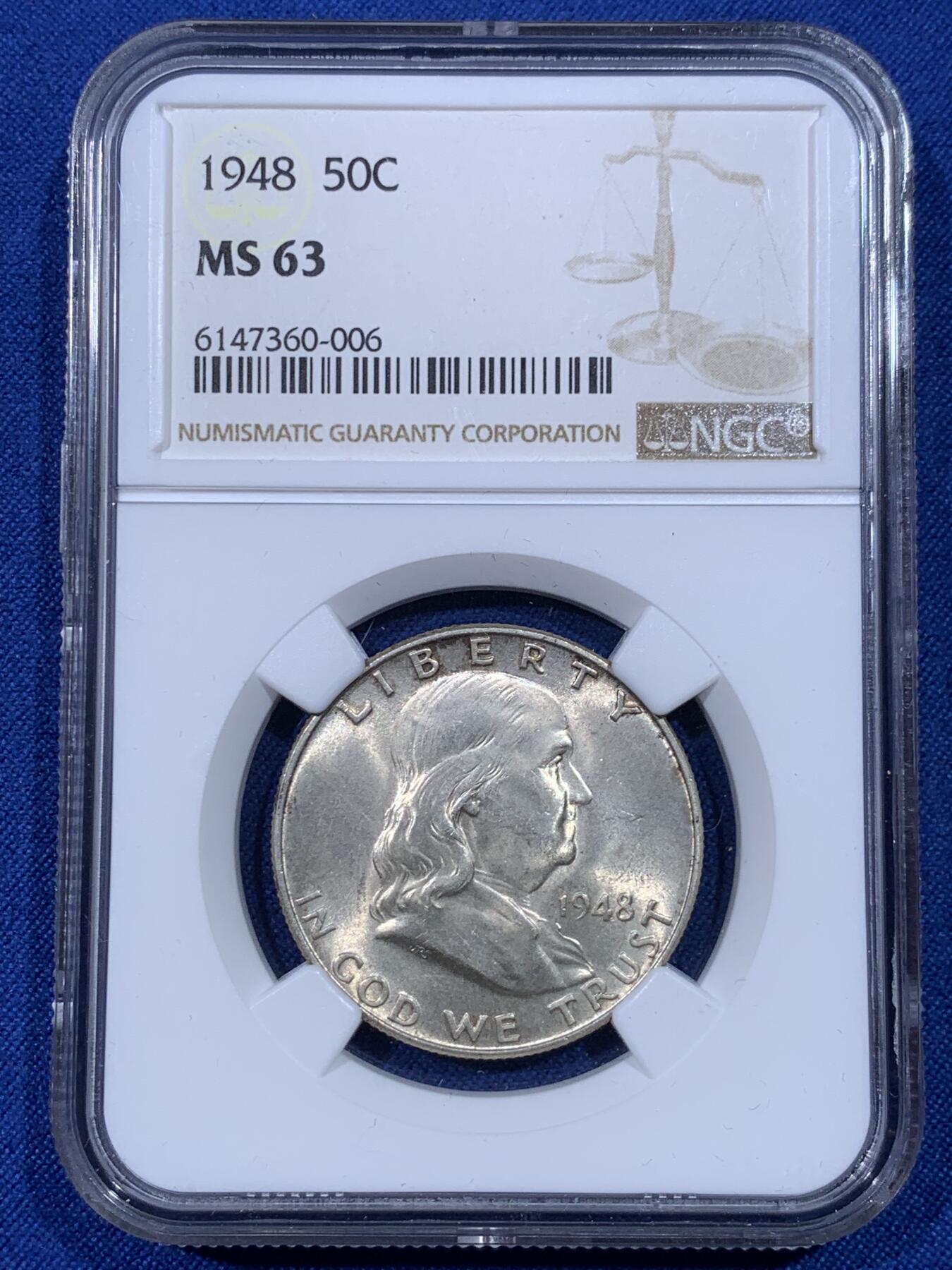 《竞宝斋》第398场 周日，周一，2场连拍 （全场包邮） NGC-MS63 美国1948年富兰克林半圆银币，卷拆货，低评状态，车轮转光明显